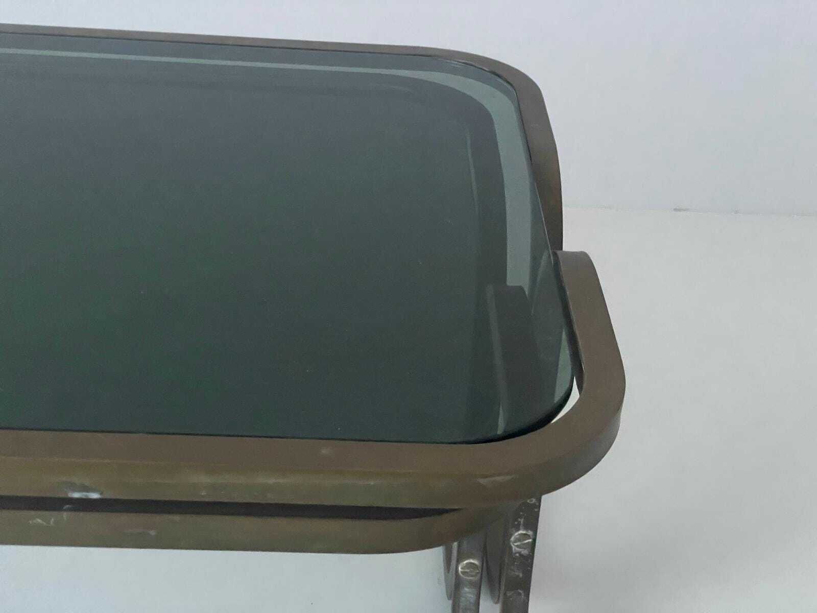 photo furniture Mid Century Modern Green Glass Top And Brass Body Pair Of Side Tables, 1950s, Italy