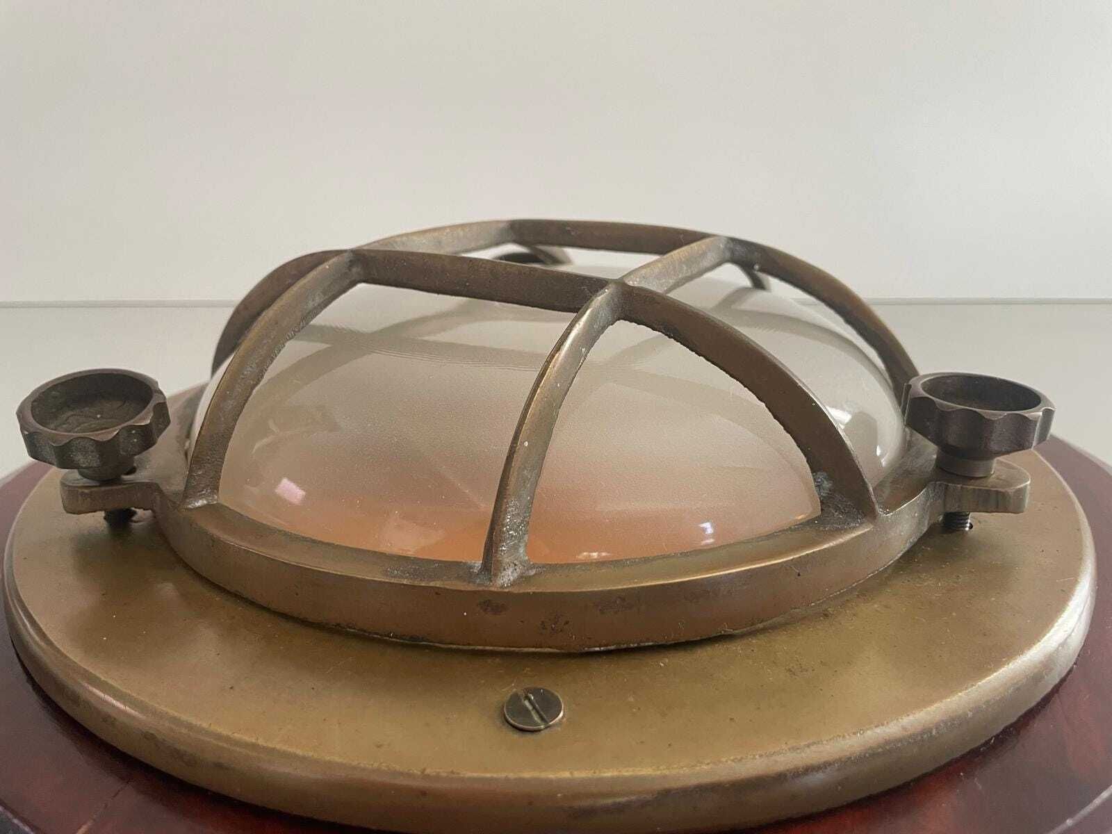 Brass And Glass Ship Wall Or Ceiling Light With Wood Base, 1960s, Italy photo vintage
