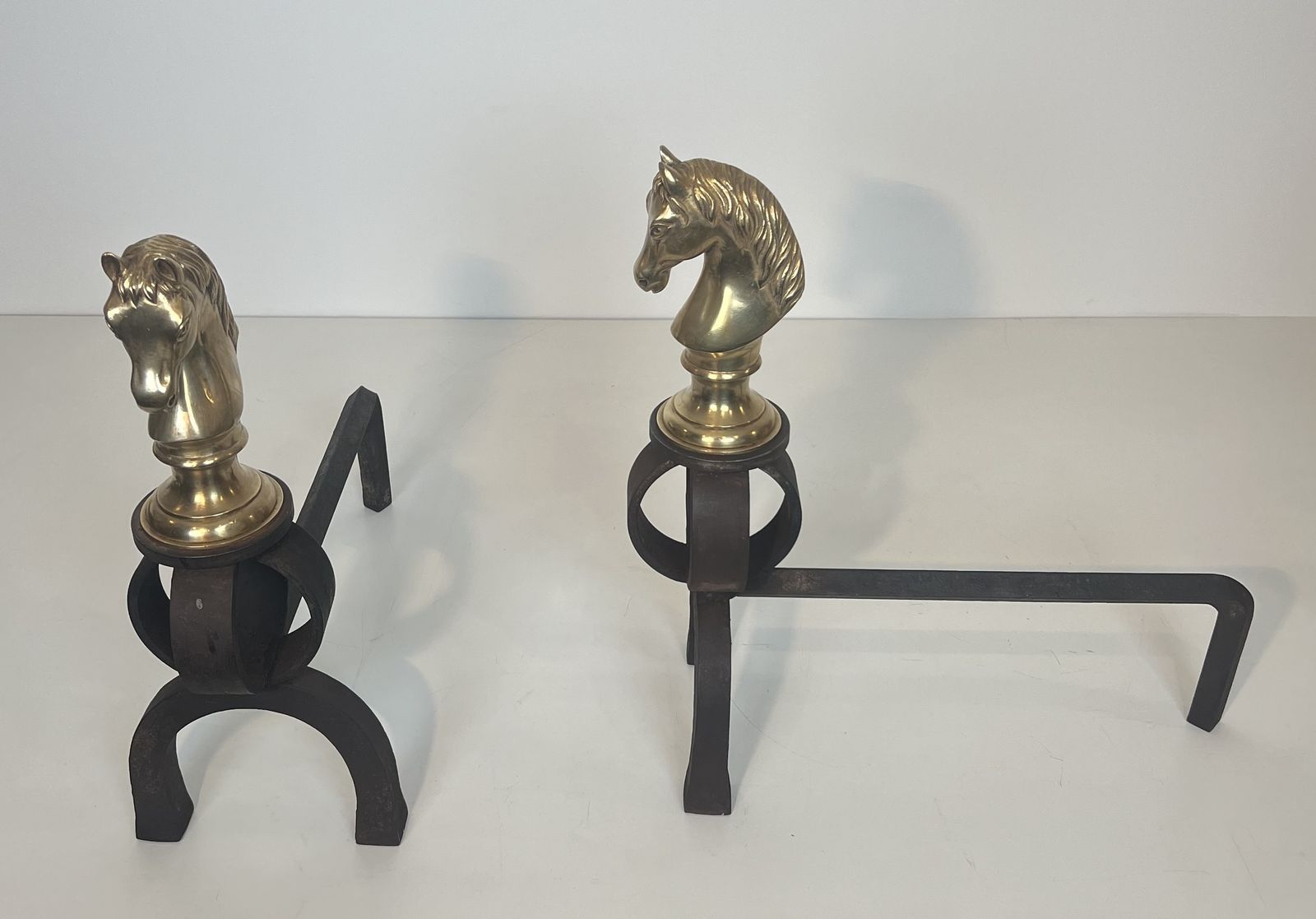 Important Pair Of Bronze And Wrought Iron Andirons Representing Horses' Heads photo vinterior
