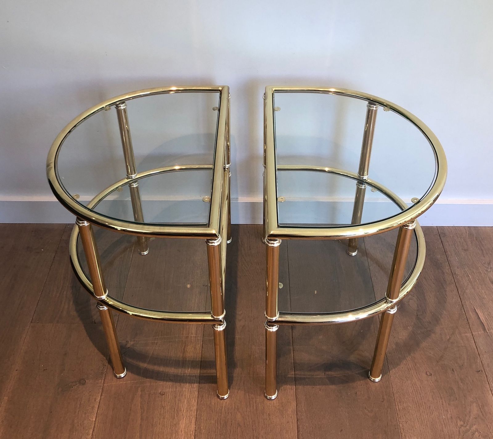 Pair Of Rounded Brass And Silver Metal Sofa End Tables photo 1650.0