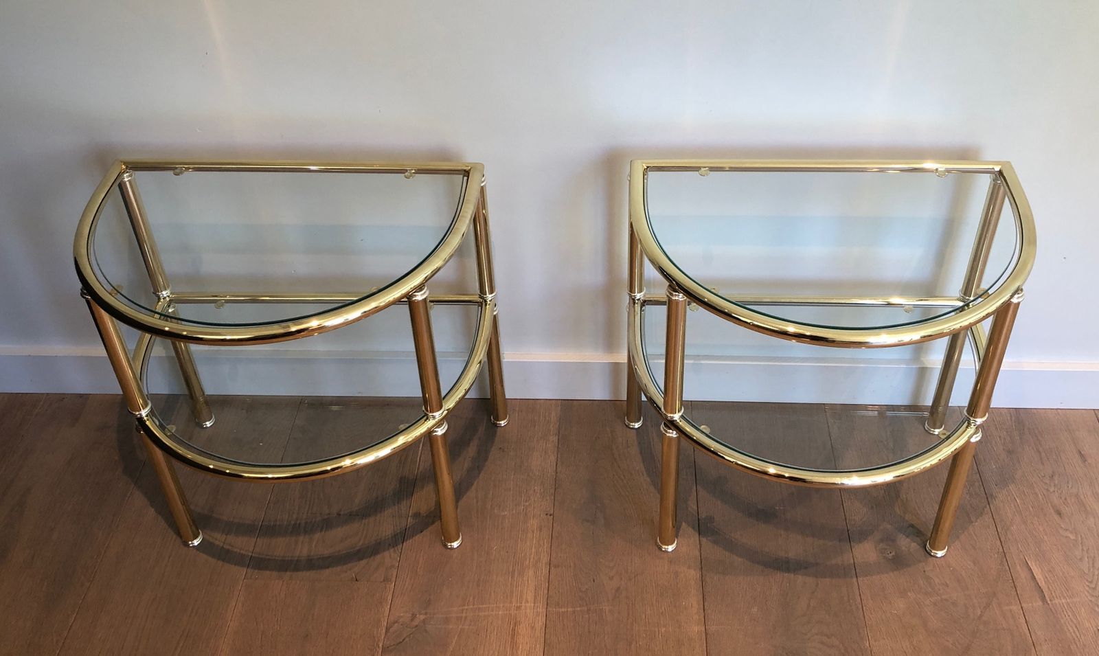 photo buy Pair Of Rounded Brass And Silver Metal Sofa End Tables