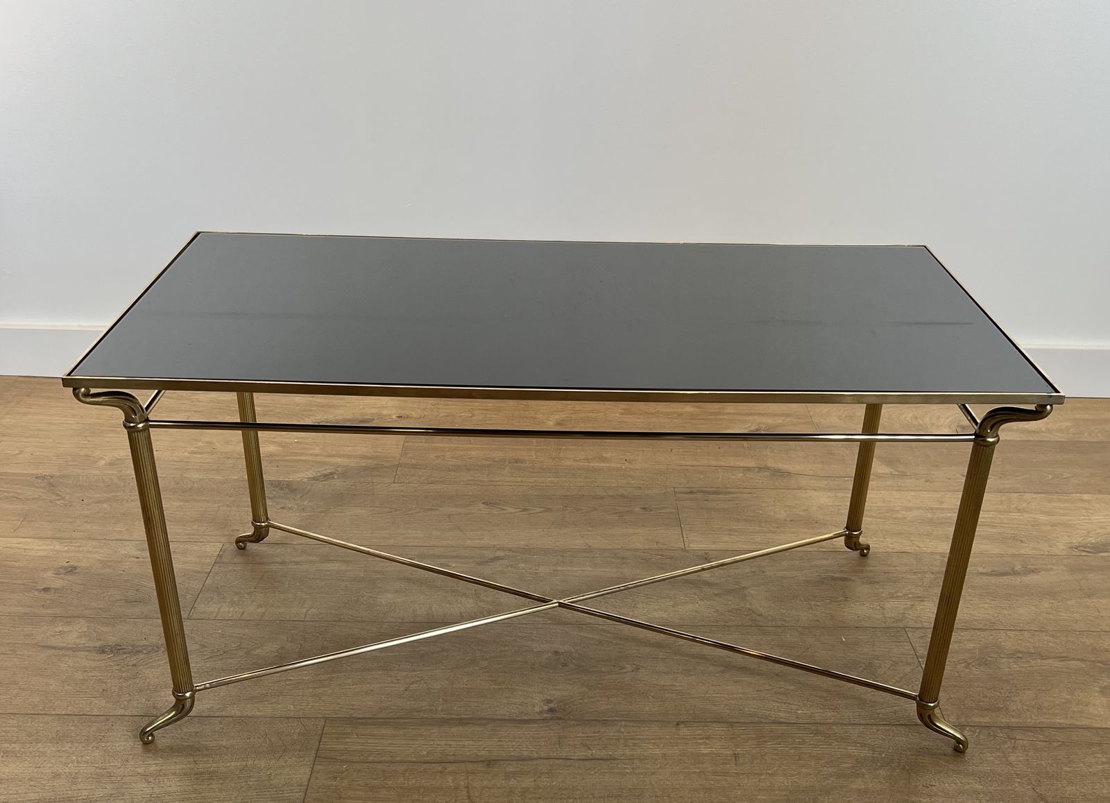 Coffee Table In Brass And Black Lacquered Glass In The Style Of Maison Jansen