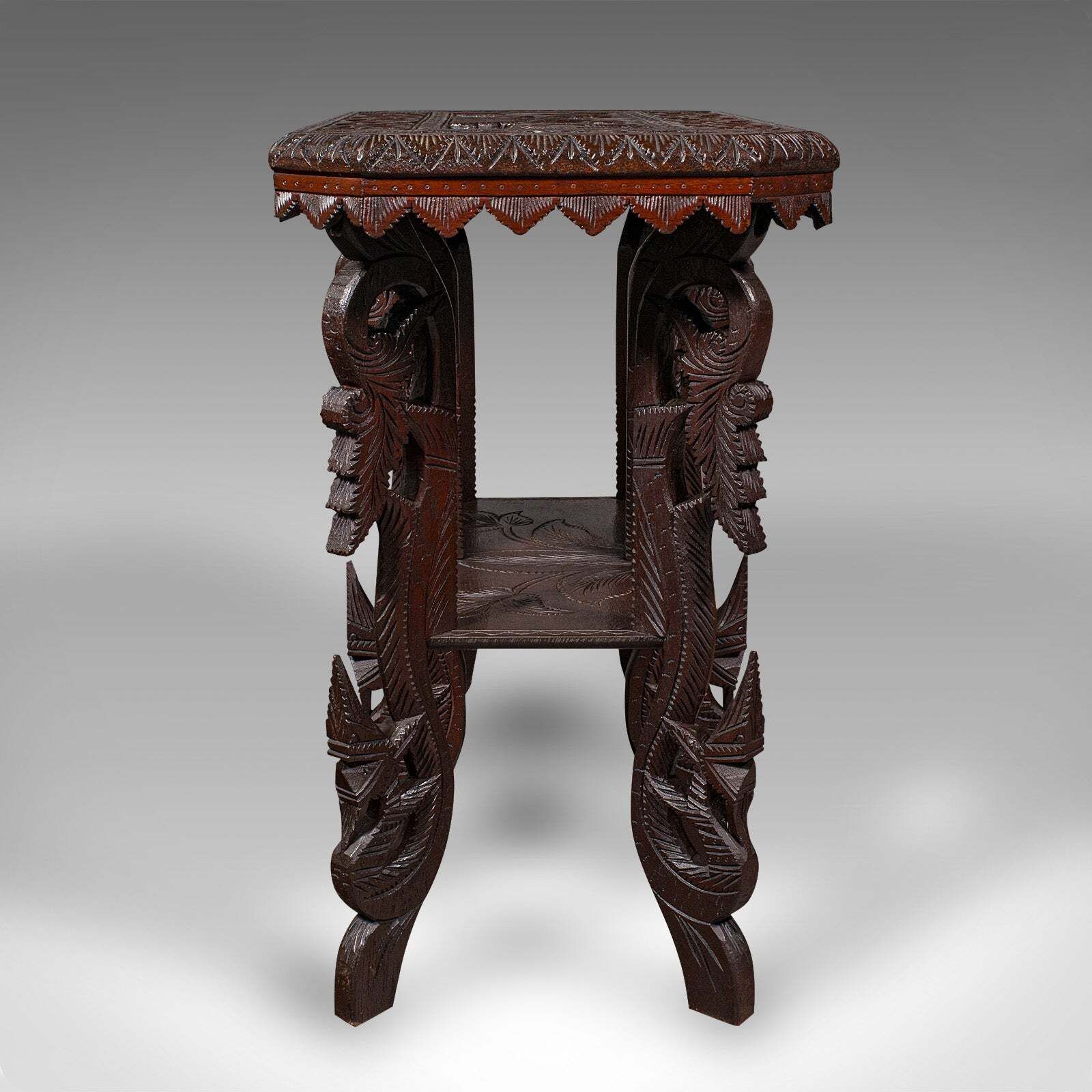 Antique Carved Side Table, Indian, Teak, Lamp, Side, Tray, Occasional, Victorian photo for sale