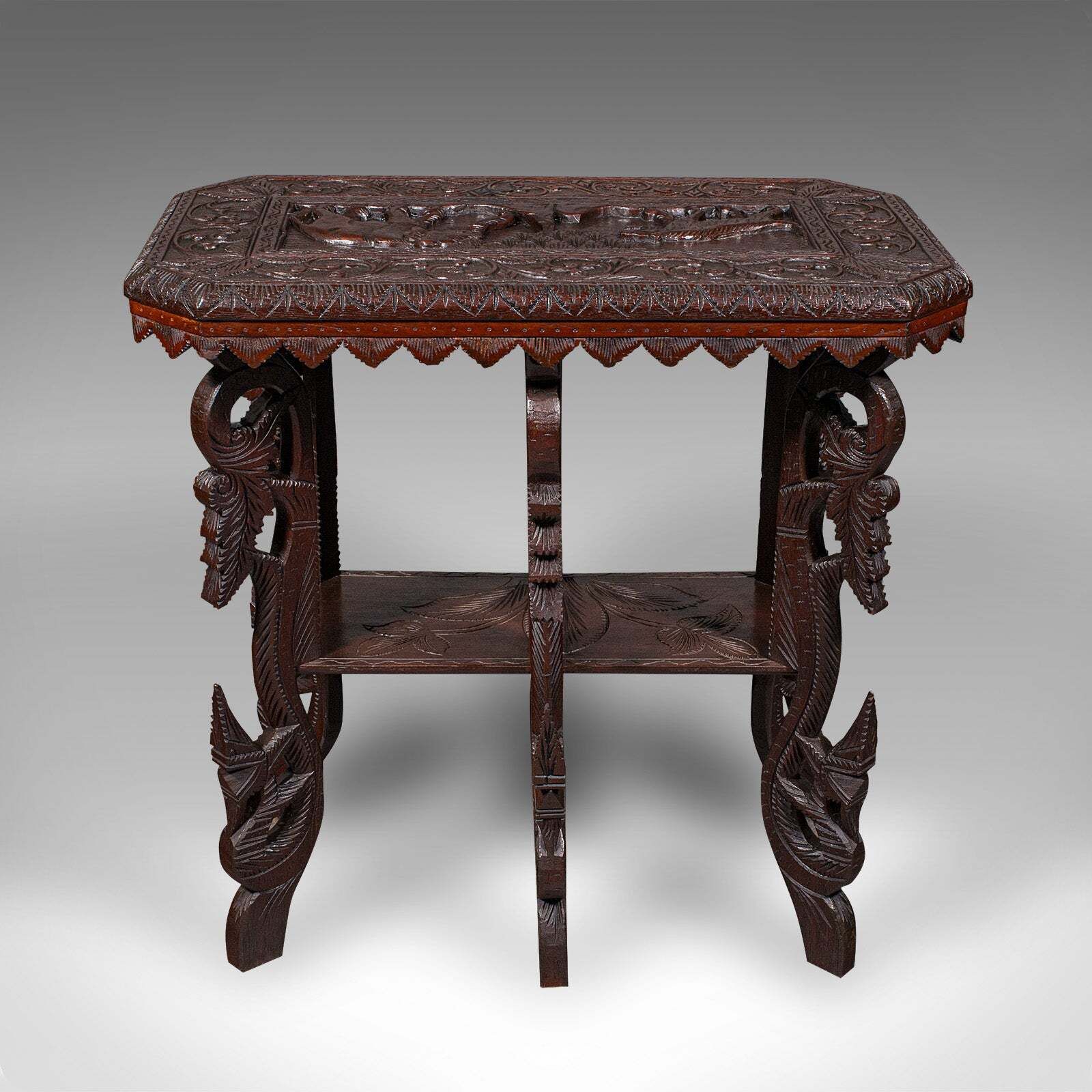 Antique Carved Side Table, Indian, Teak, Lamp, Side, Tray, Occasional, Victorian photo Furniture