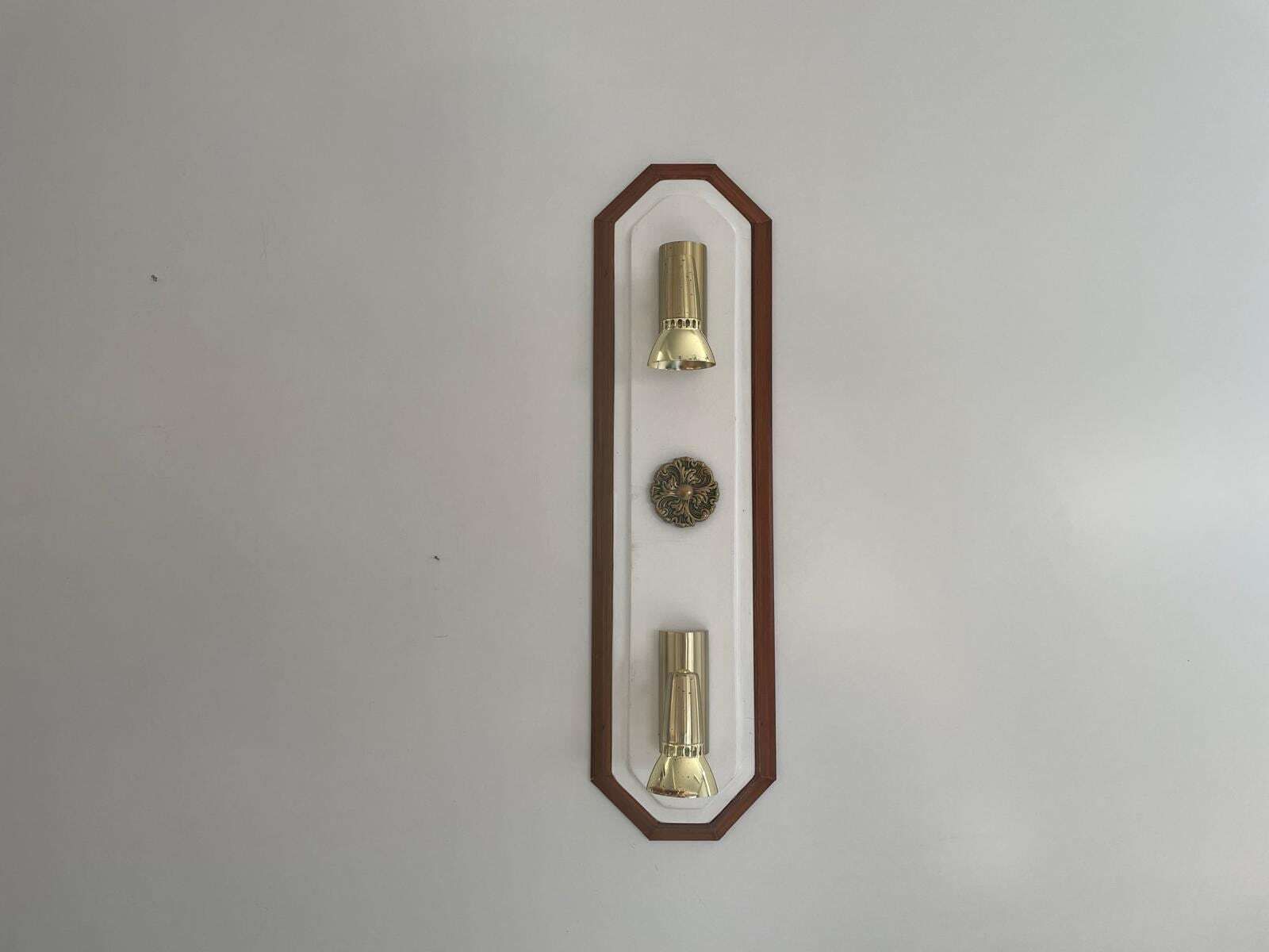 Wood Base Vertical Wall Lamp With 2 Gold Metal Lights, 1960s, Italy photo for sale