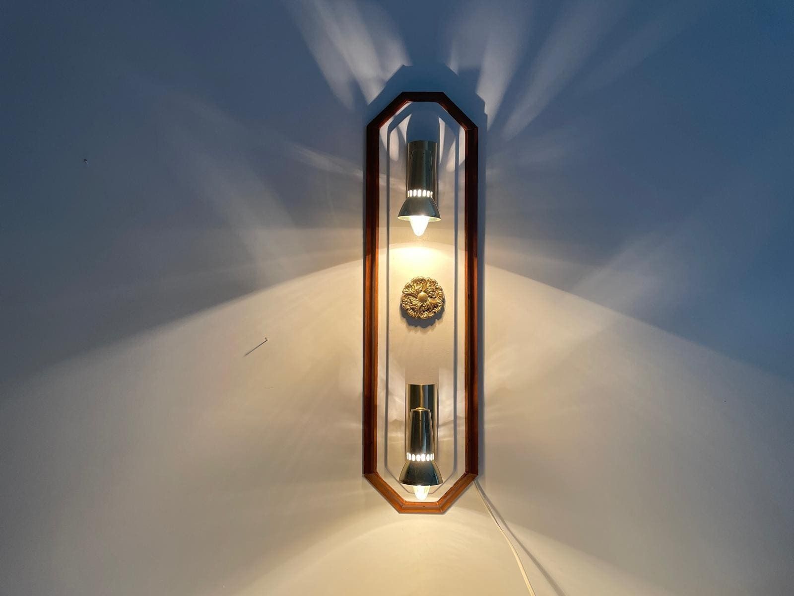 Wood Base Vertical Wall Lamp With 2 Gold Metal Lights, 1960s, Italy photo Lighting