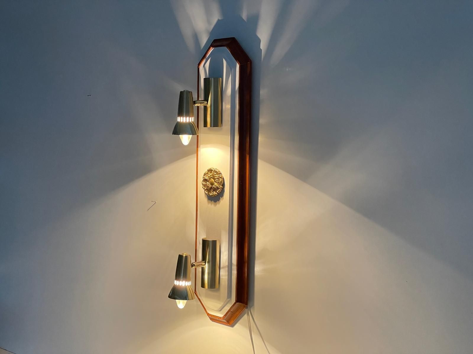 Wood Base Vertical Wall Lamp With 2 Gold Metal Lights, 1960s, Italy photo vinterior