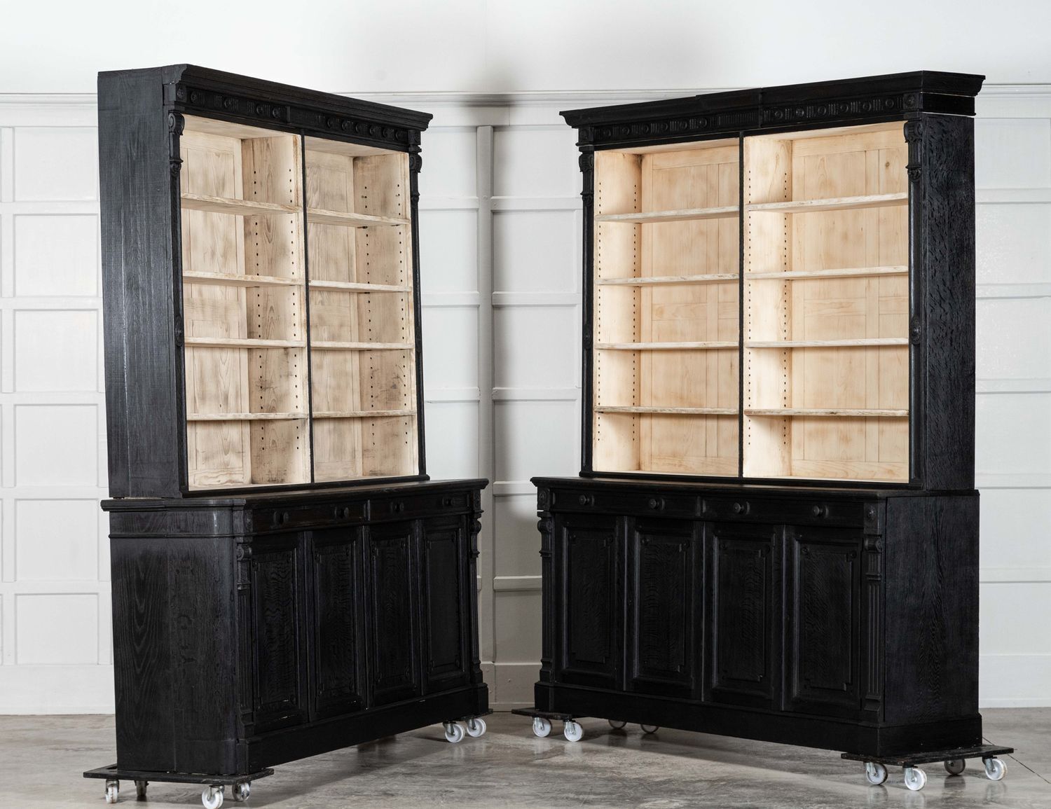 Pair Large 19thc English Ebonised & Bleached Carved Oak Bookcases photo furniture