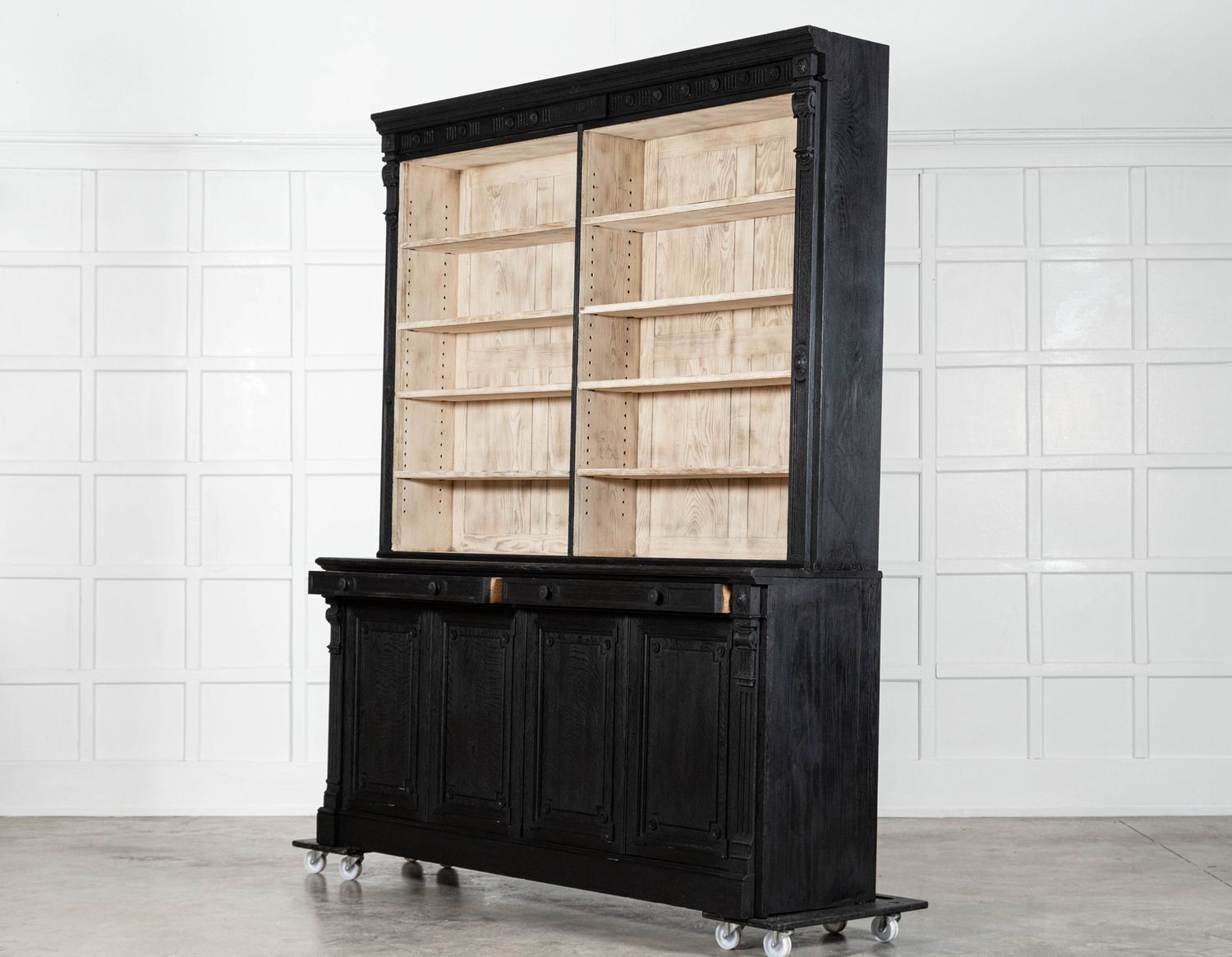 photo for sale Pair Large 19thc English Ebonised & Bleached Carved Oak Bookcases