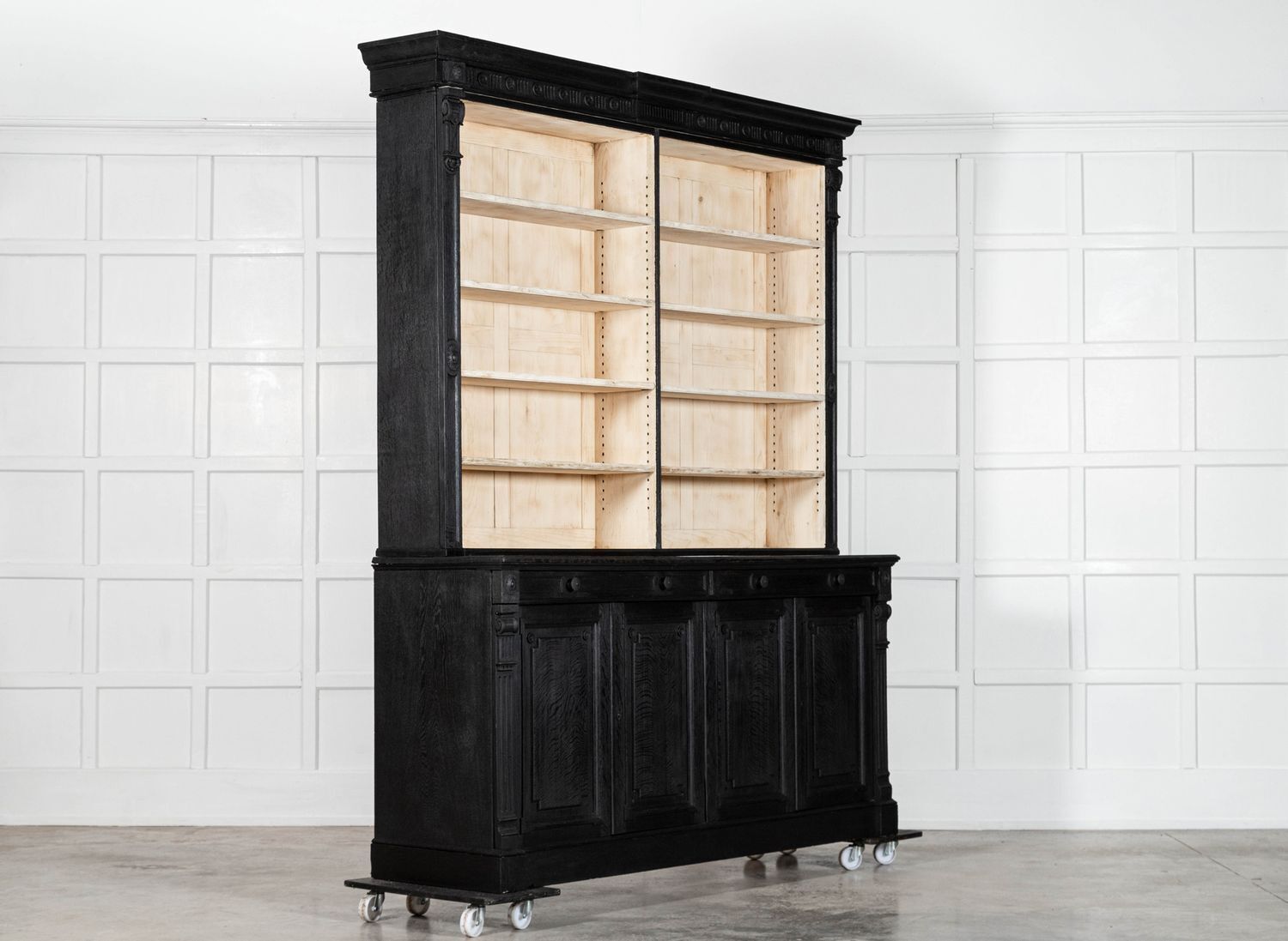 Furniture Pair Large 19thc English Ebonised & Bleached Carved Oak Bookcases photo