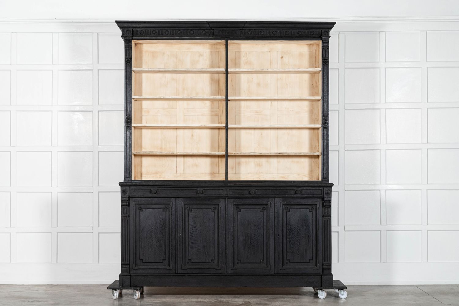 6613.0 Pair Large 19thc English Ebonised & Bleached Carved Oak Bookcases photo