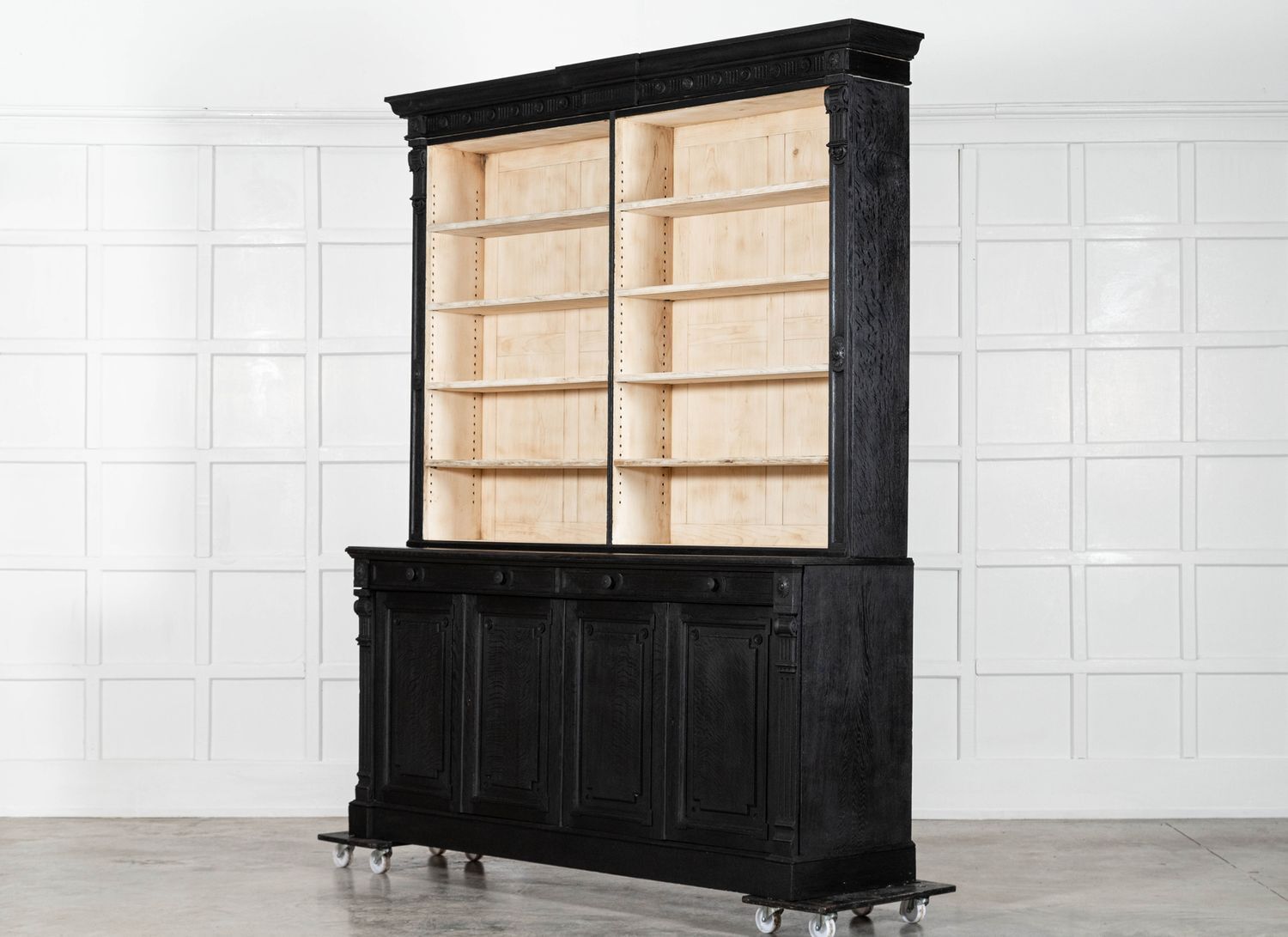 photo vintage Pair Large 19thc English Ebonised & Bleached Carved Oak Bookcases