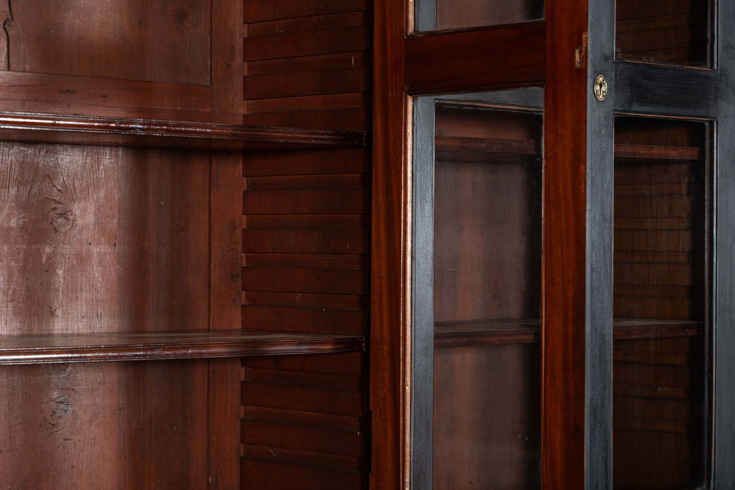 photo buy Large English 19thc Ebonised Mahogany Glazed Bookcase Secretaire
