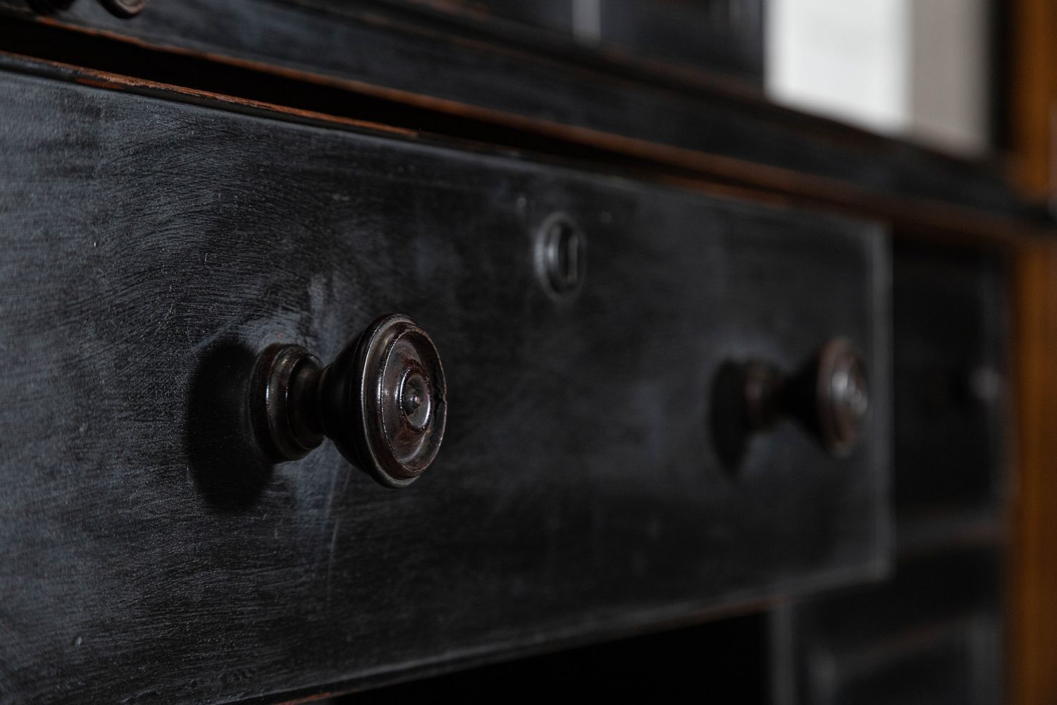 photo vintage Large English 19thc Ebonised Mahogany Glazed Bookcase Secretaire