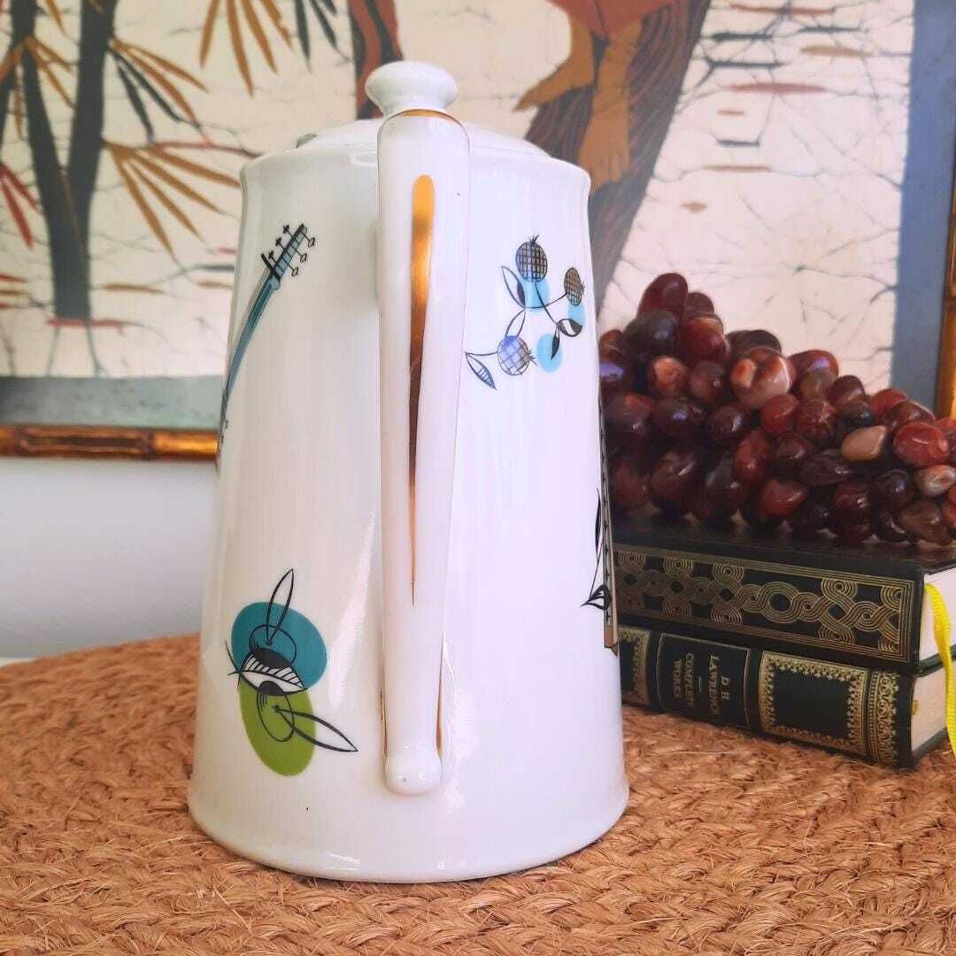 Mid Century Modern Coffee Pot By Royal Worcester Rare ''Fiesta'' Pattern, 1950's Musical Instruments Coffee Pot Made In England photo for sale