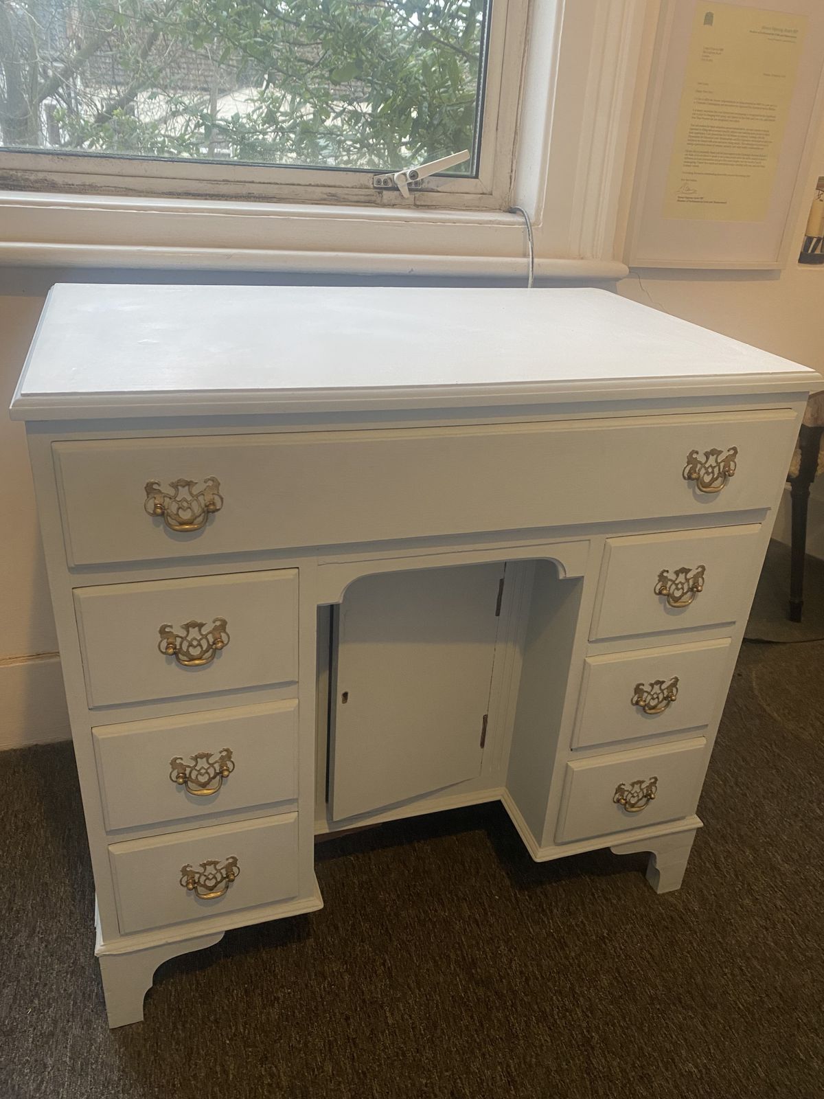 Vintage Dressing Table Solid Wood Eggshell Blue Brass Handles
