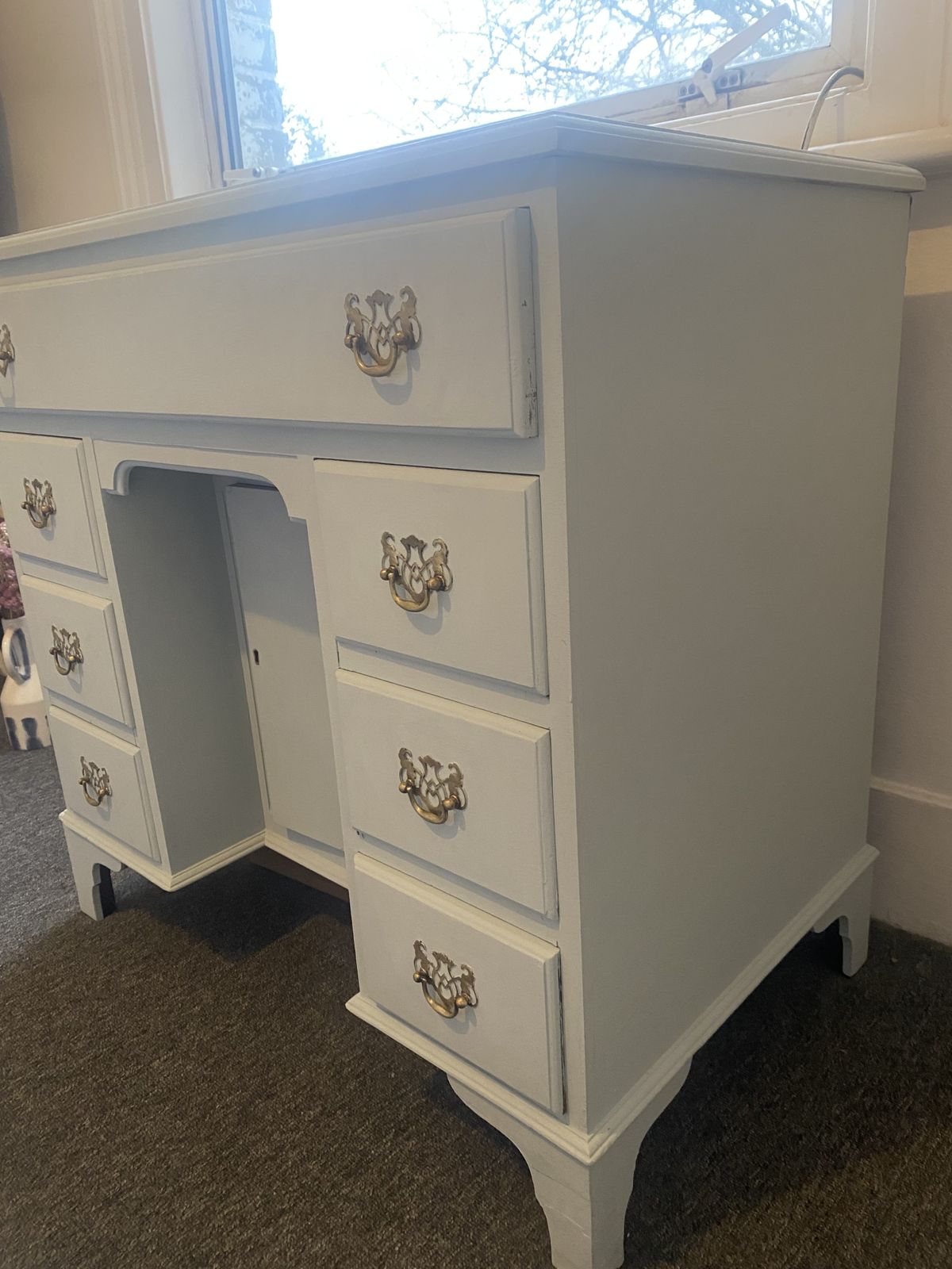 photo for sale Vintage Dressing Table Solid Wood Eggshell Blue Brass Handles
