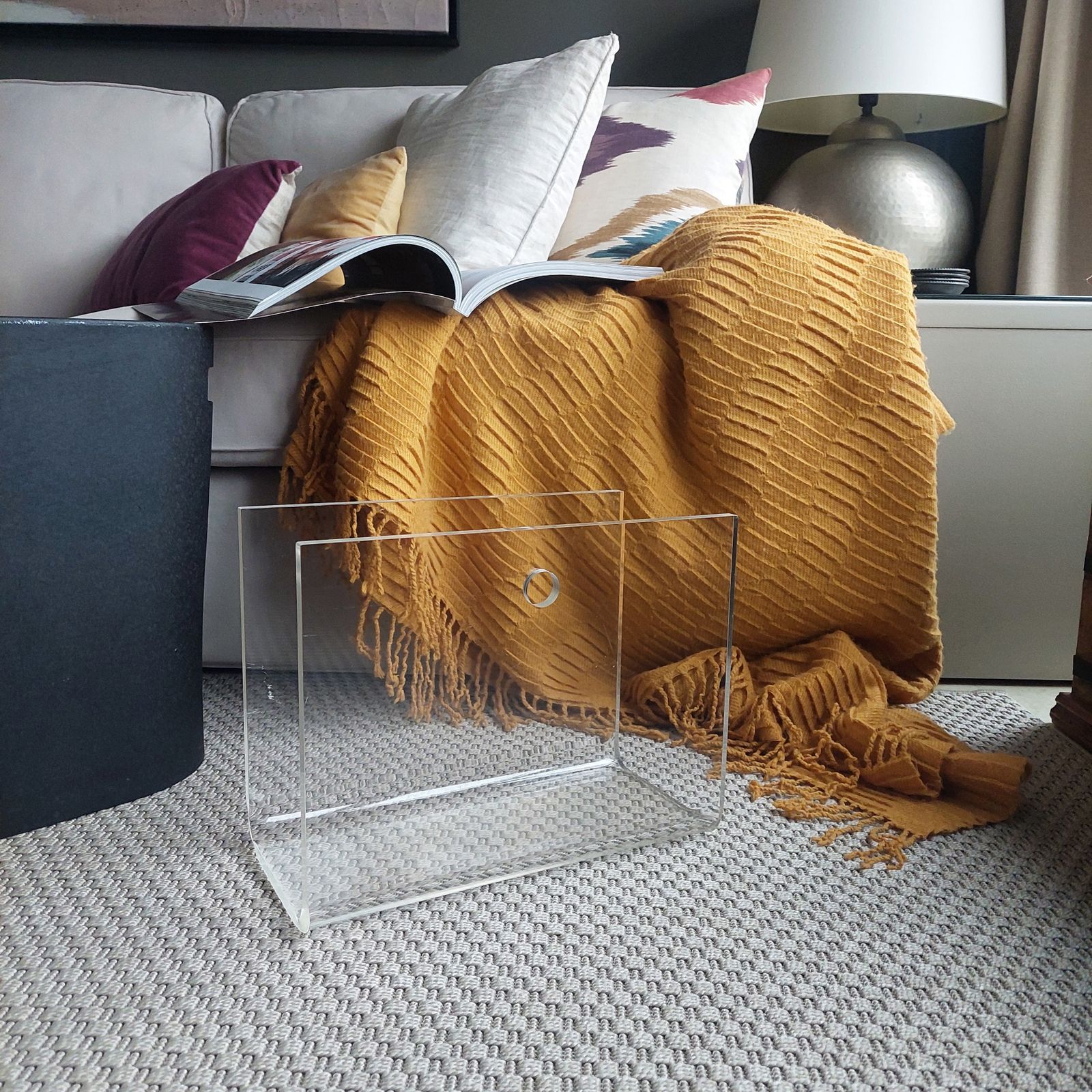 Home Decor Mid Century  Lucite Acrylic Glass Magazine Rack Plexiglass Holder, 70s photo