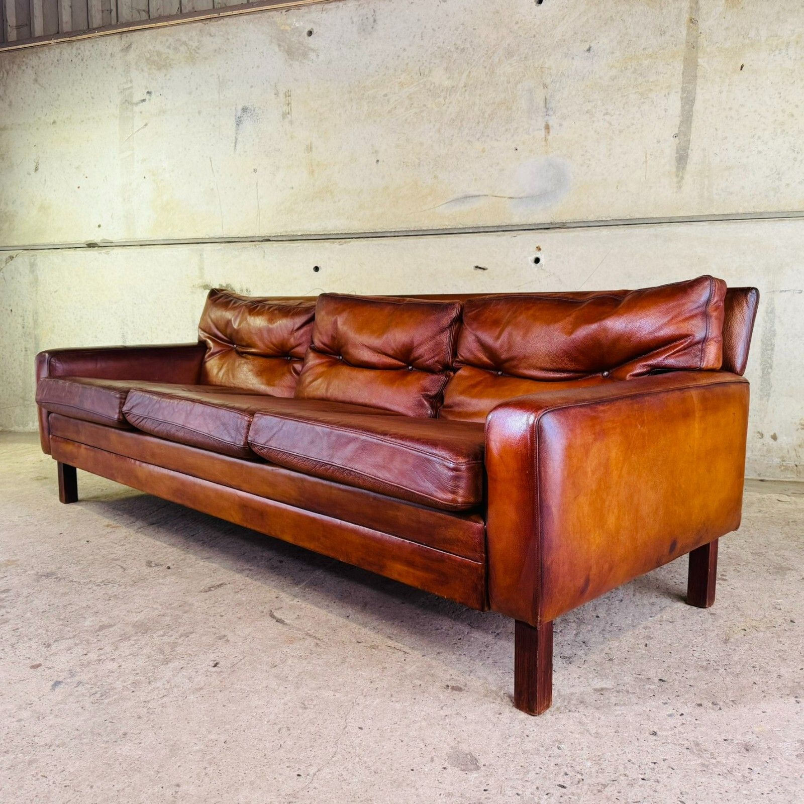 Stunning 1970s Danish George Thams Three Seater Tan Leather Sofa #A photo vintage