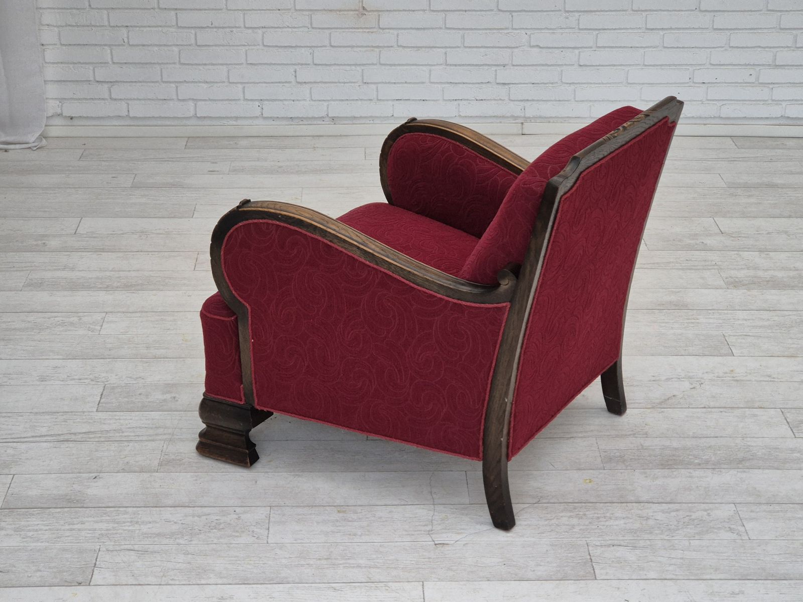 1950s, Danish Vintage Armchair, Furniture Fabric, Oak Wood, Original Condition. photo furniture