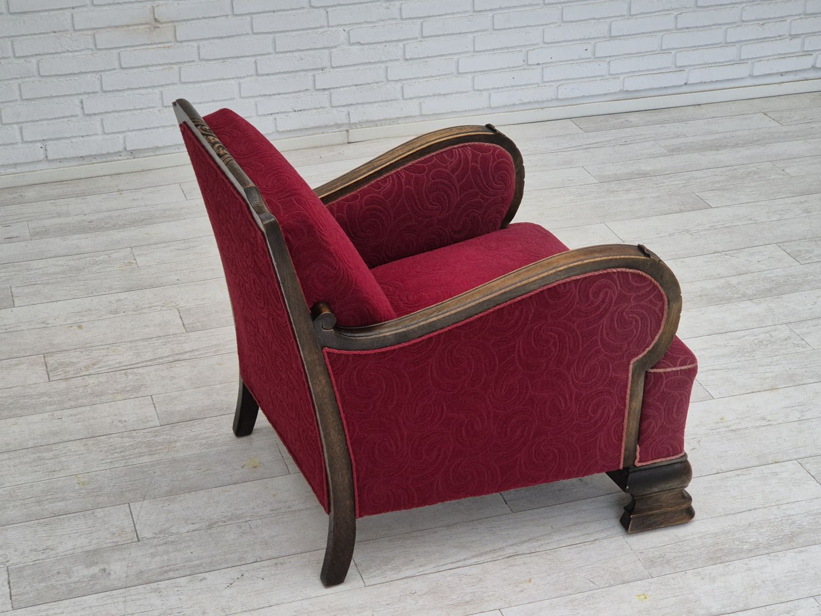 Ca. Jaren 1950, Deense Vintage Fauteuil, Meubelstof, Eikenhout, Ongerestaureerde Staat. photo 1350.0