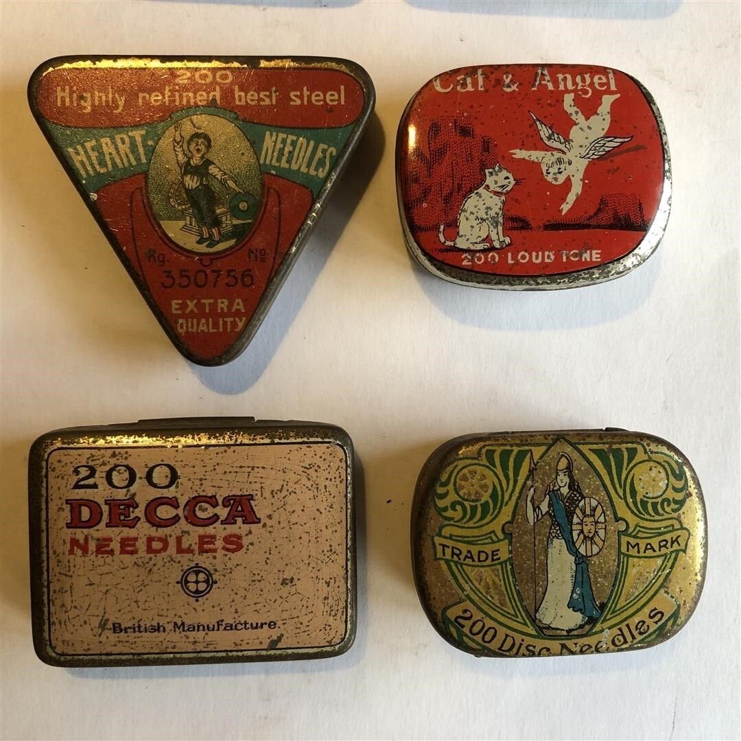 Six Antique Little Metal Gramophone Needle Tins 1920s photo for sale