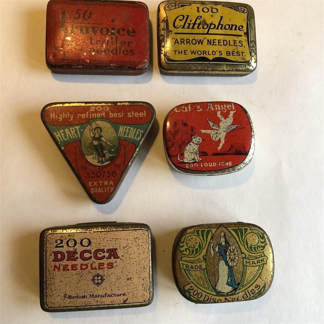 Six Antique Little Metal Gramophone Needle Tins 1920s