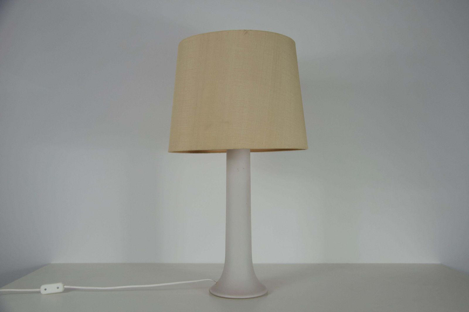 Mid Century White Glass And Fabric Shade Table Lamp By Luxus Sweden, 1960s photo furniture