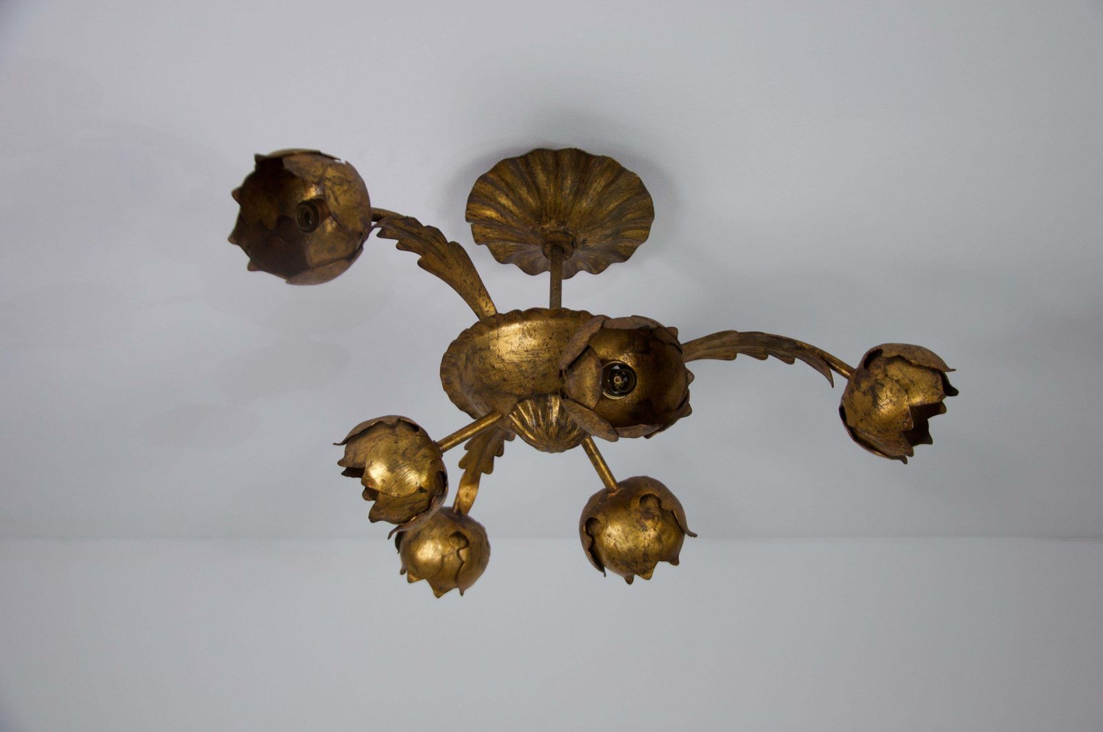 Large Golden Florentine Flower Shape Ceiling Lamp, Italy, 1970s photo furniture