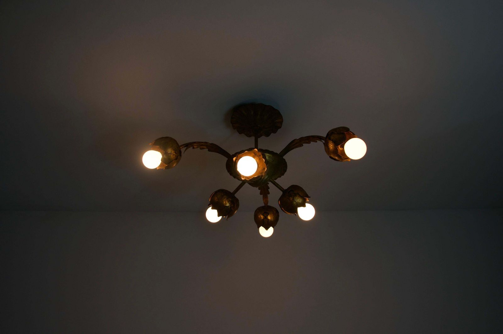 photo for sale Large Golden Florentine Flower Shape Ceiling Lamp, Italy, 1970s