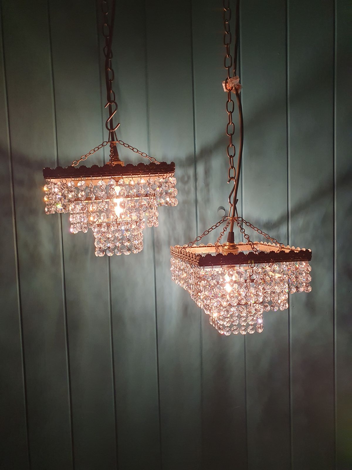 Early 20th Century Pair Of Square Chandeliers With Drips 8" photo furniture
