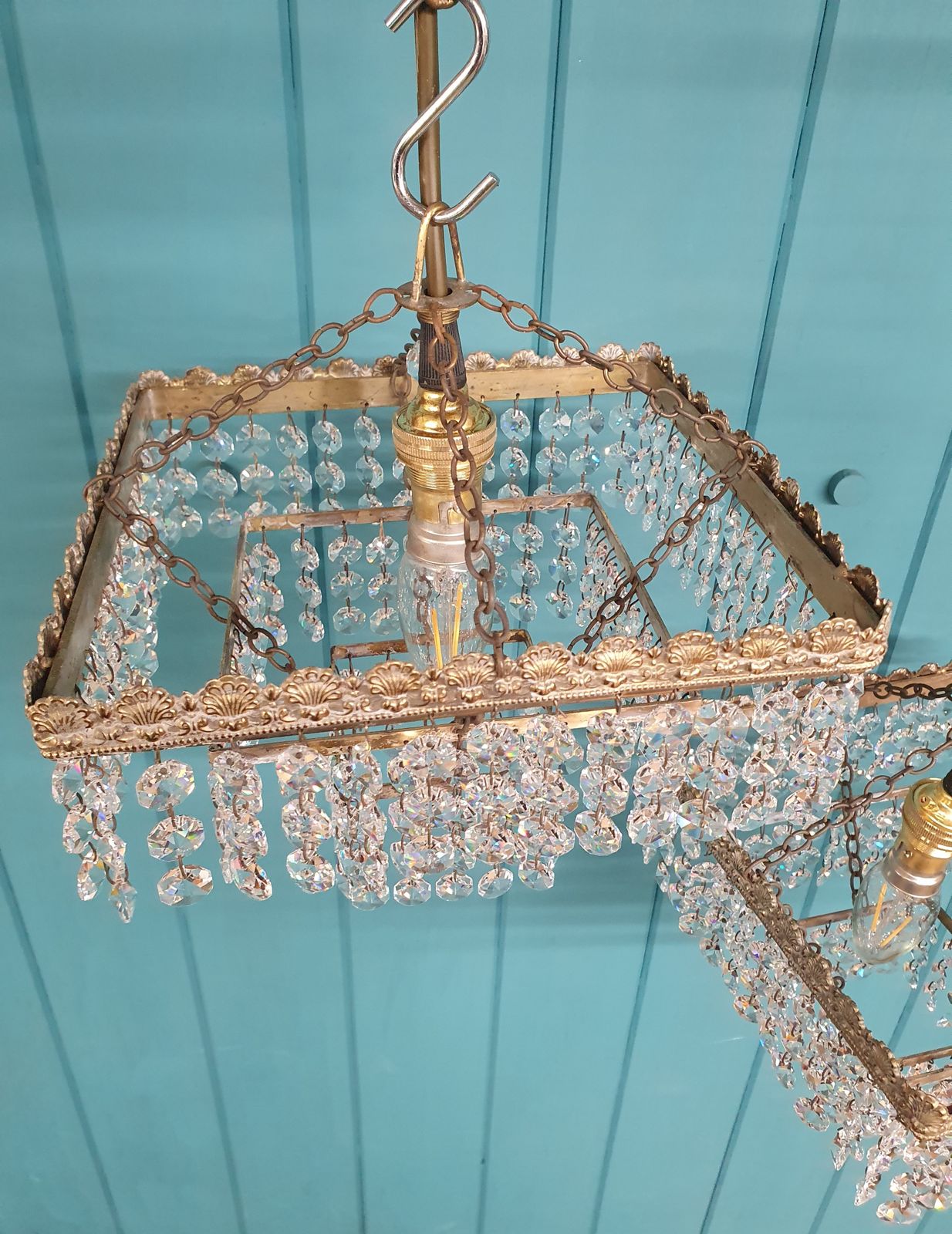 Early 20th Century Pair Of Square Chandeliers With Drips 8" photo buy