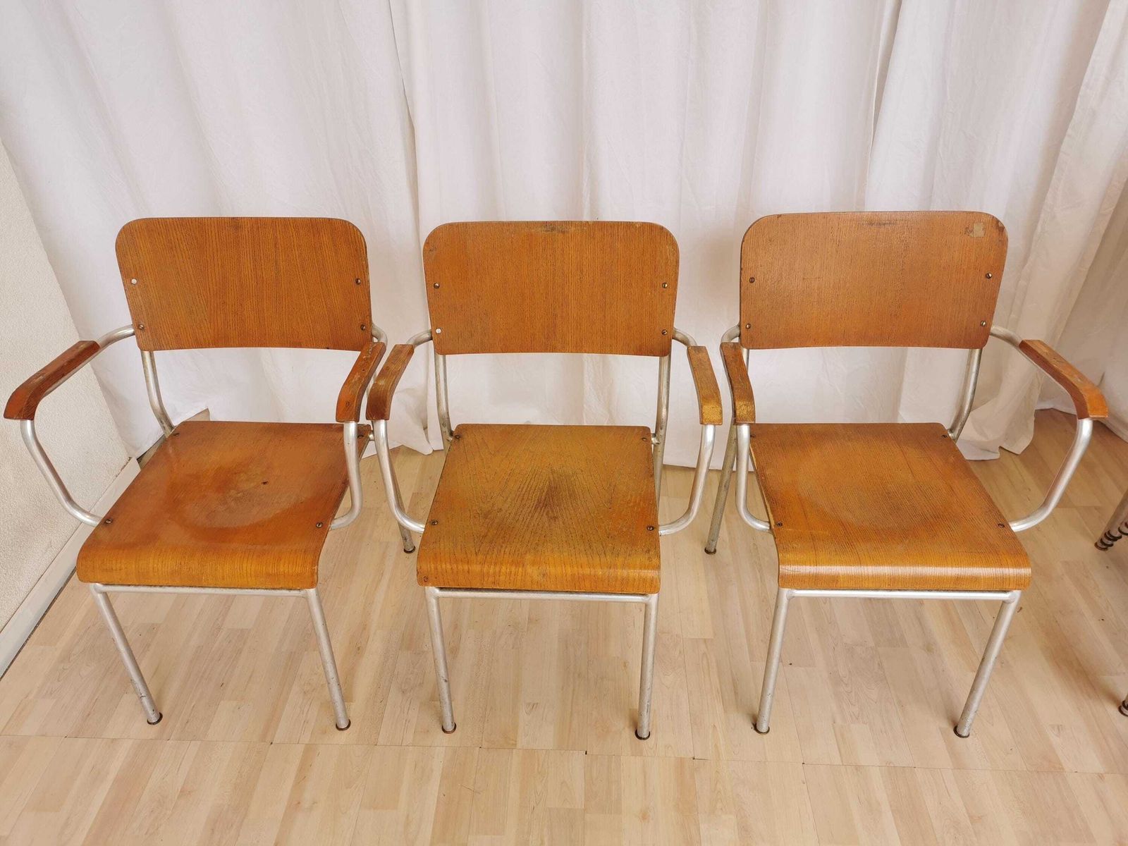 1 Of 2 Vintage Stackable Conference Chairs / Made By Alpos 1970s Yugoslavia / Aluminium And Plywood Armchairs photo Furniture