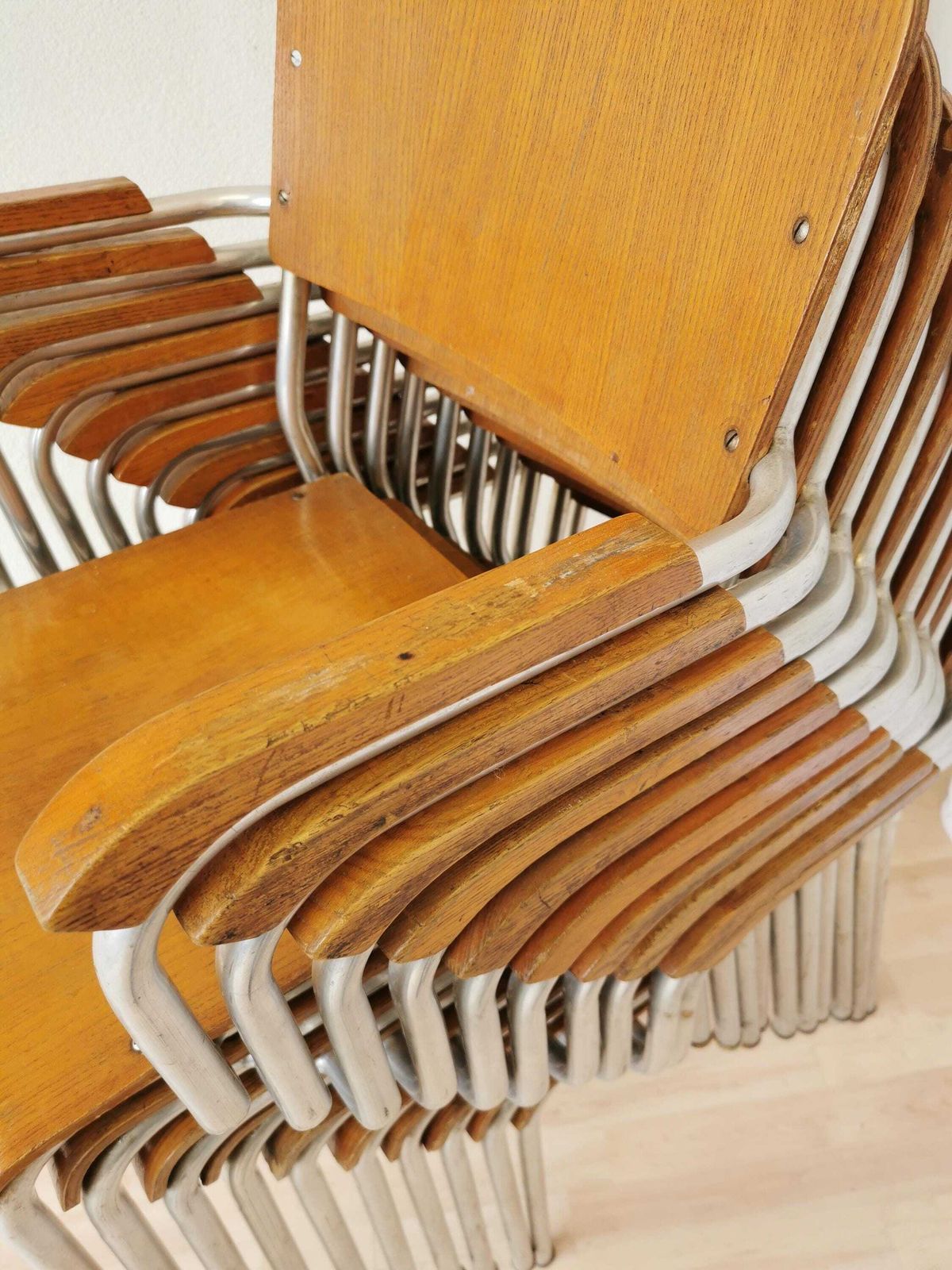 photo for sale 1 Of 2 Vintage Stackable Conference Chairs / Made By Alpos 1970s Yugoslavia / Aluminium And Plywood Armchairs