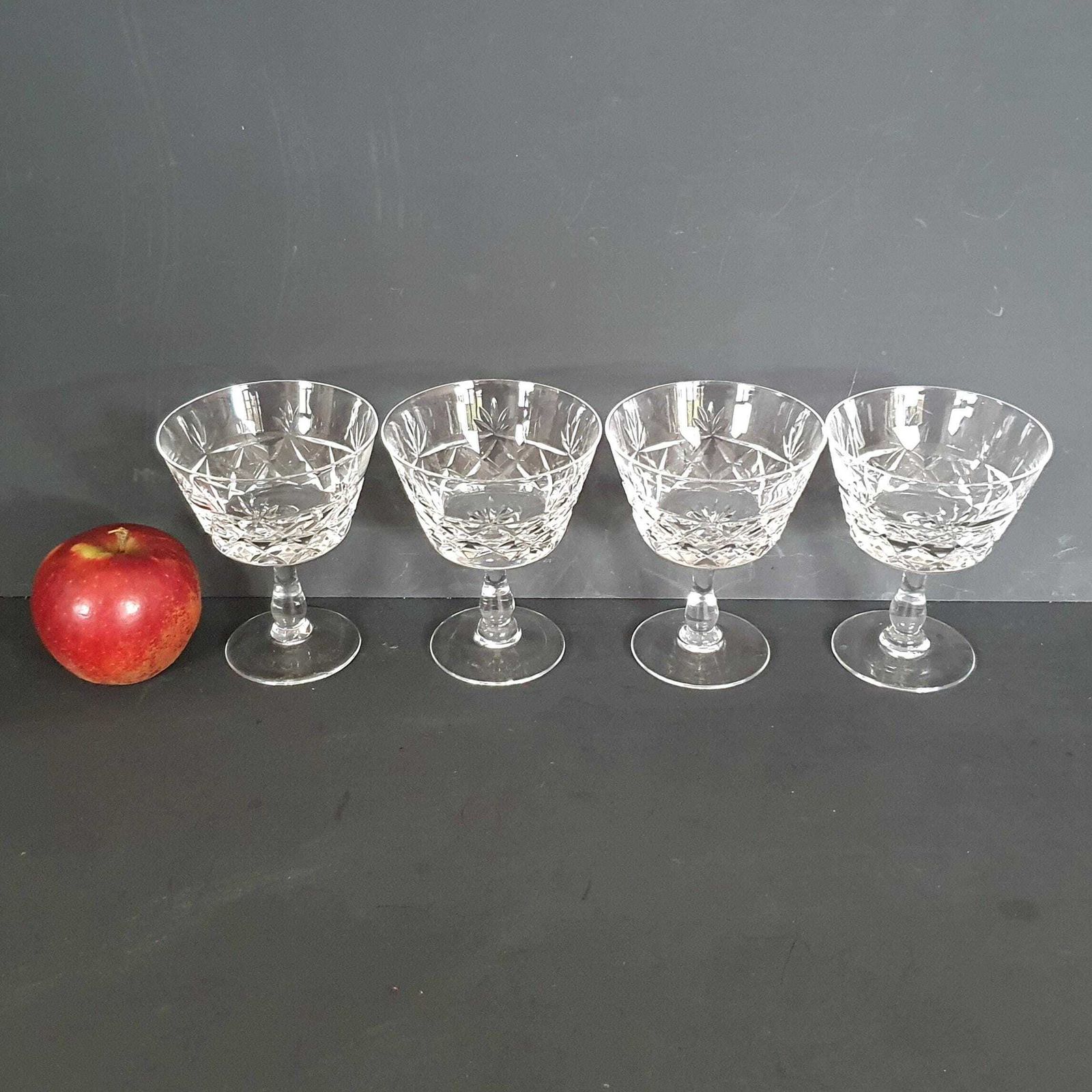 A Vintage Set Of 4 Brierley Crystal 120ml Champagne Saucers In Bruce Pattern, English Artisan Hand Made Glass, C.1988