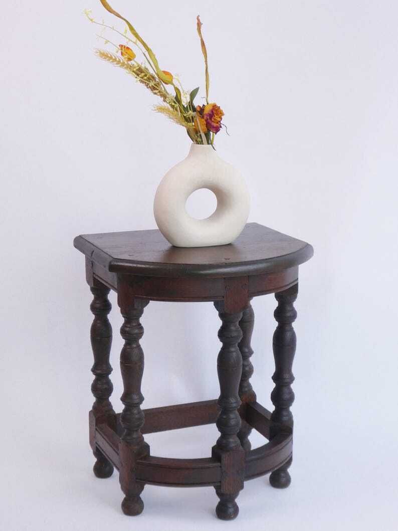 Antique Wooden Bobbin Half Moon Side Table, Carved Plant Stand Table, Farmhouse Decor photo buy