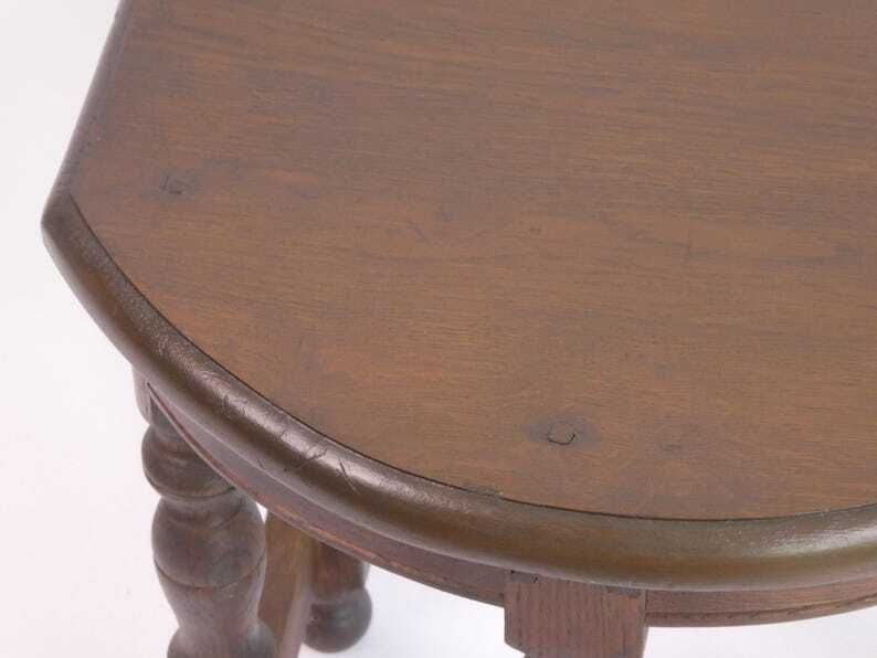 photo furniture Antique Wooden Bobbin Half Moon Side Table, Carved Plant Stand Table, Farmhouse Decor