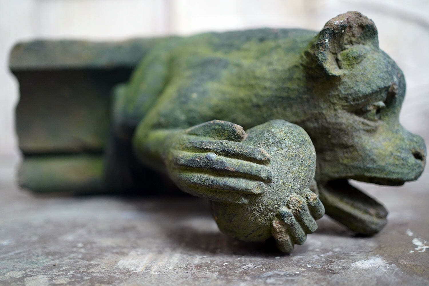 A Rare Medieval Period Carved Stone Grotesque Holding A Coconut C.1300 1400 photo vinterior