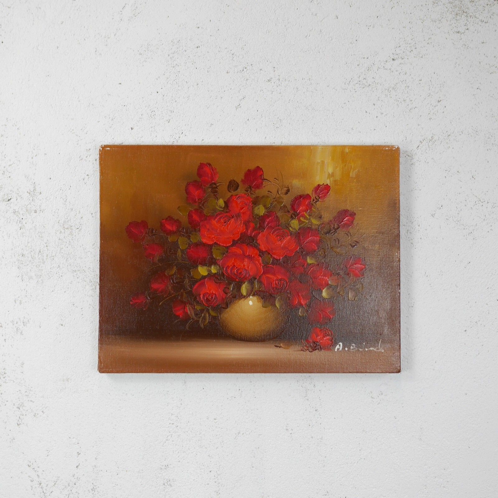 Vintage Original Oil Painting Red Flowers Roses Signed #102785