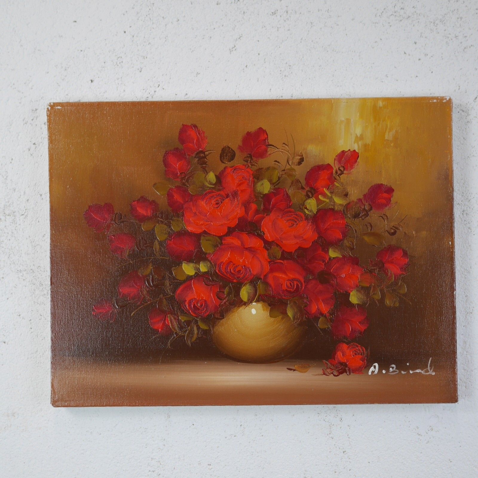 Vintage Original Oil Painting Red Flowers Roses Signed #102785 photo vinterior
