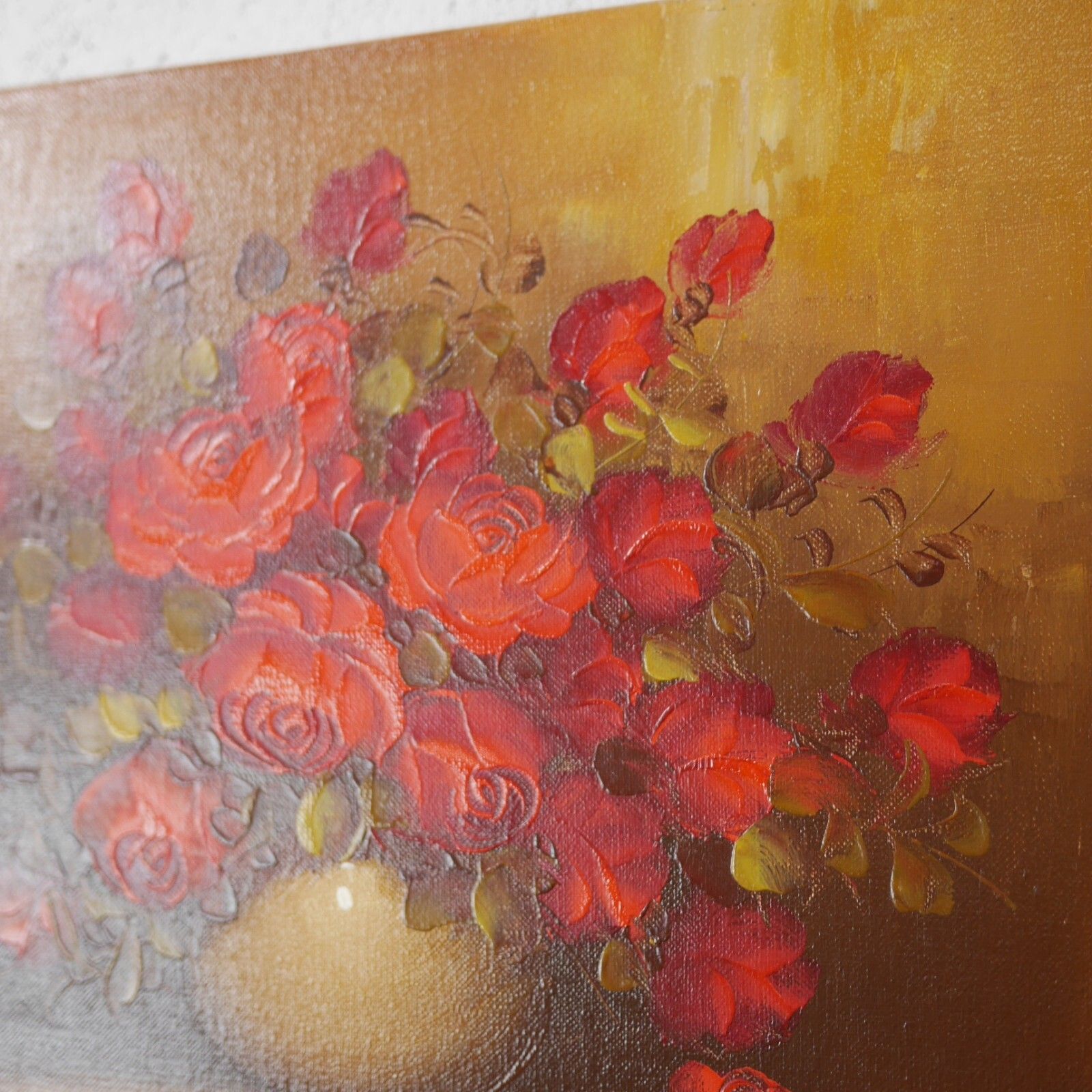Vintage Original Oil Painting Red Flowers Roses Signed #102785 photo vintage