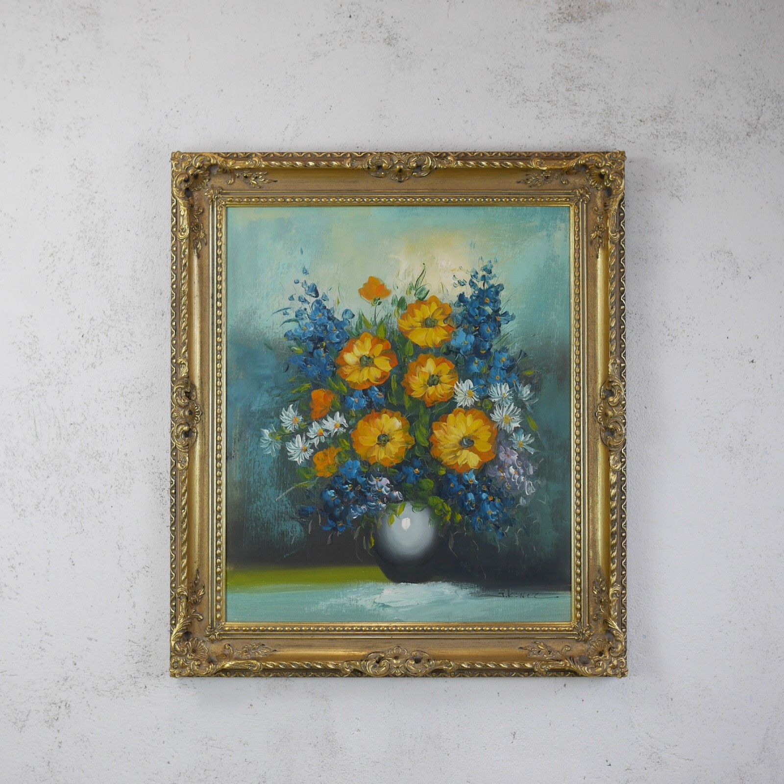 Vintage Original Oil Painting Blue Orange Flowers Delphiniums Signed #102786