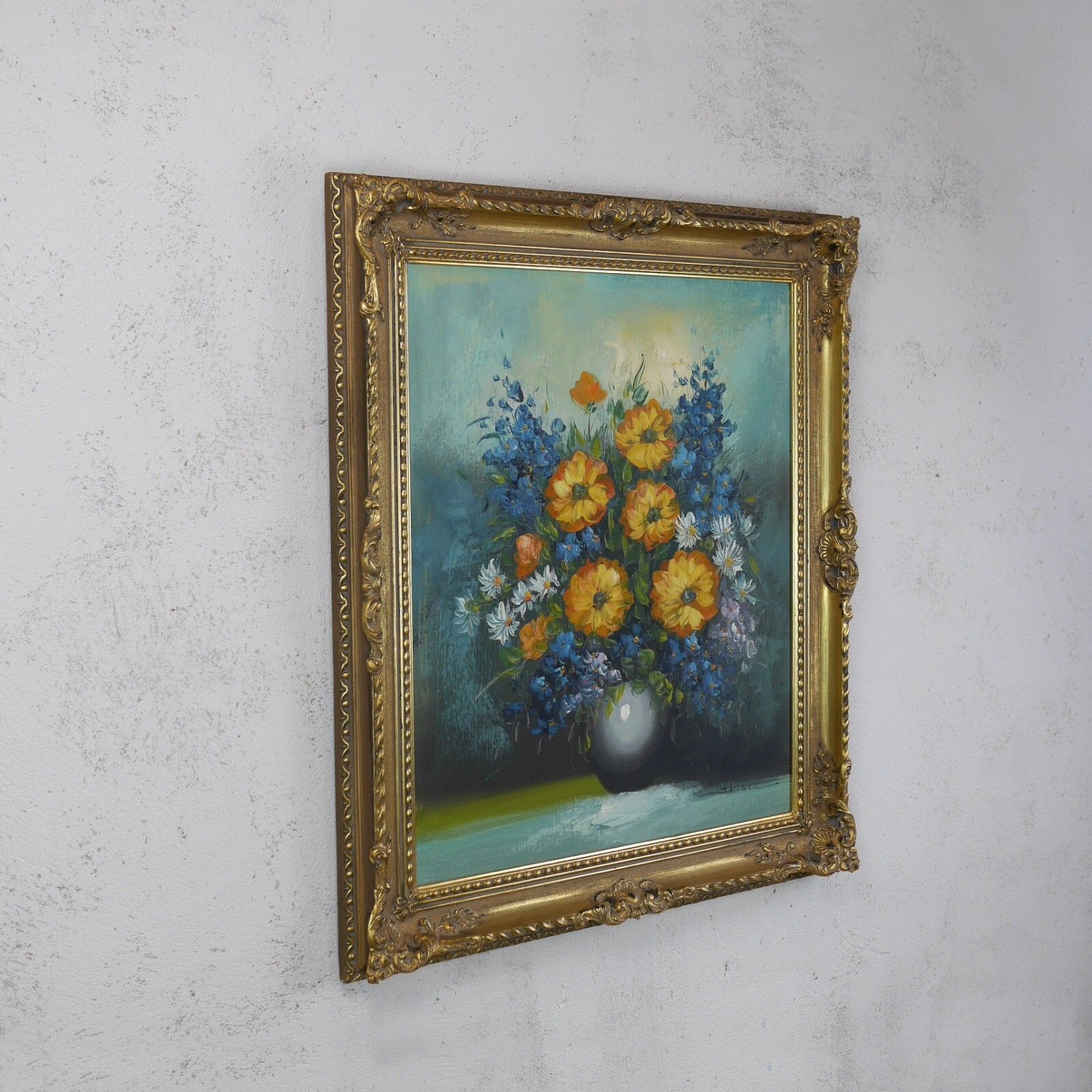 Vintage Original Oil Painting Blue Orange Flowers Delphiniums Signed #102786 photo for sale