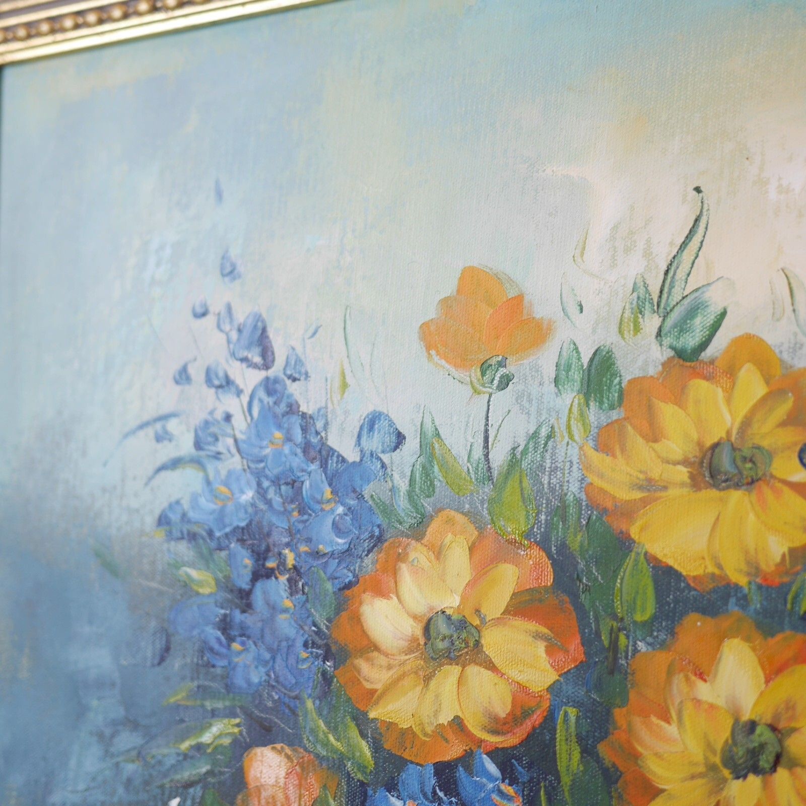 photo furniture Vintage Original Oil Painting Blue Orange Flowers Delphiniums Signed #102786