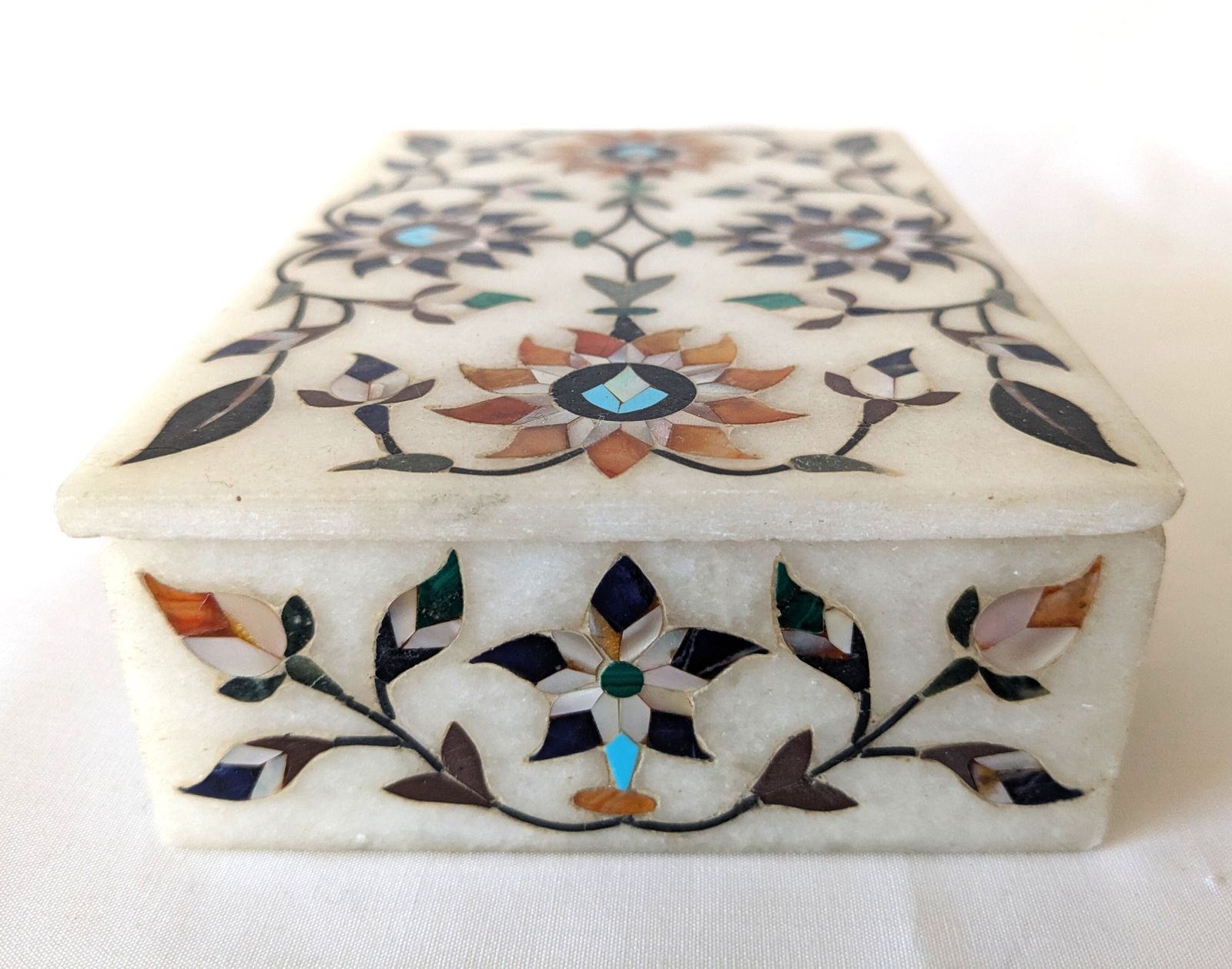 Vintage Indian Pietra Dura Marble Box With Mother Of Pearl Inlay photo for sale