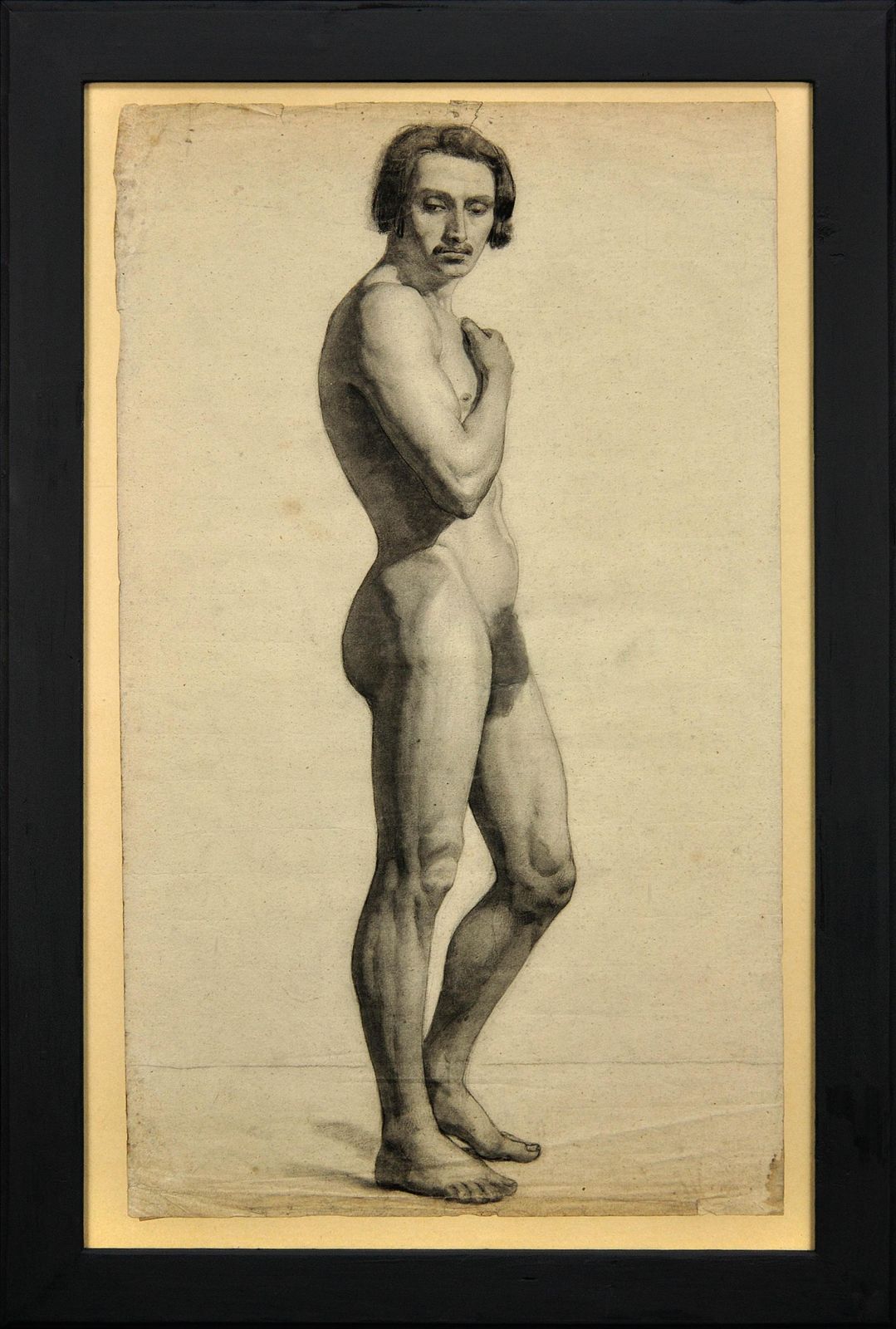 Henry Arthur Roberts 1819 To 1900. Pre Second Republic French Academic Life Study Of A Standing Male Nude. Framed 1840s Drawing. Student Of Drolling.