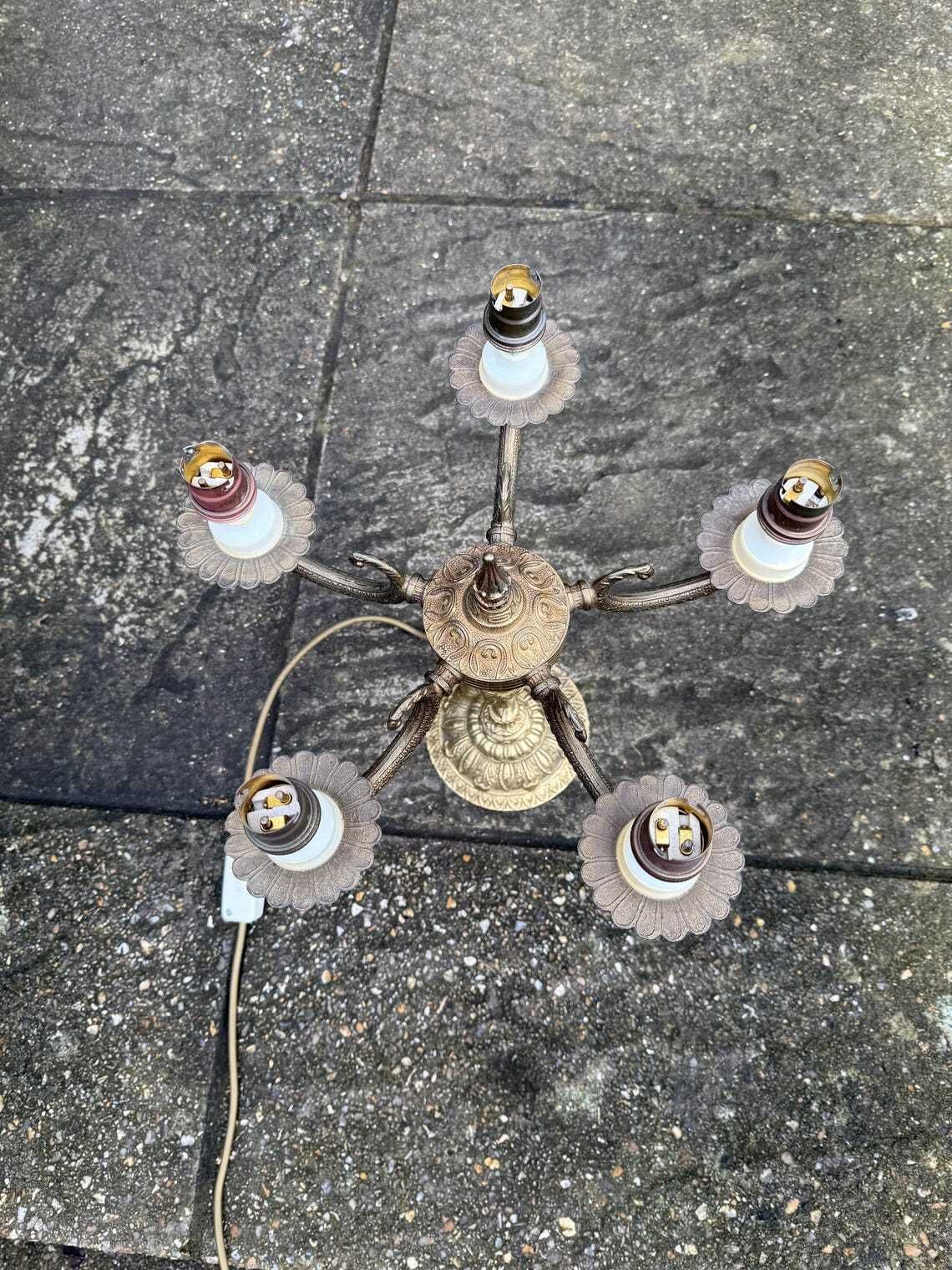 Unusual Retro Candelabra In Brass Metal With Six Bulb Holders And A Cherub Ornamental Stem   Pat Tested  Vgc photo for sale