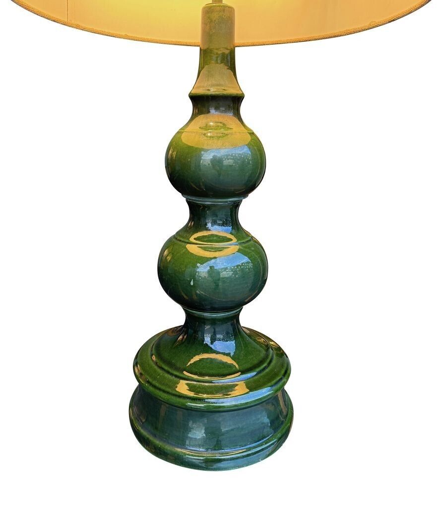 photo for sale A Large French 1960s Green Glazed Ceramic Lamp With Original Hessian Shade