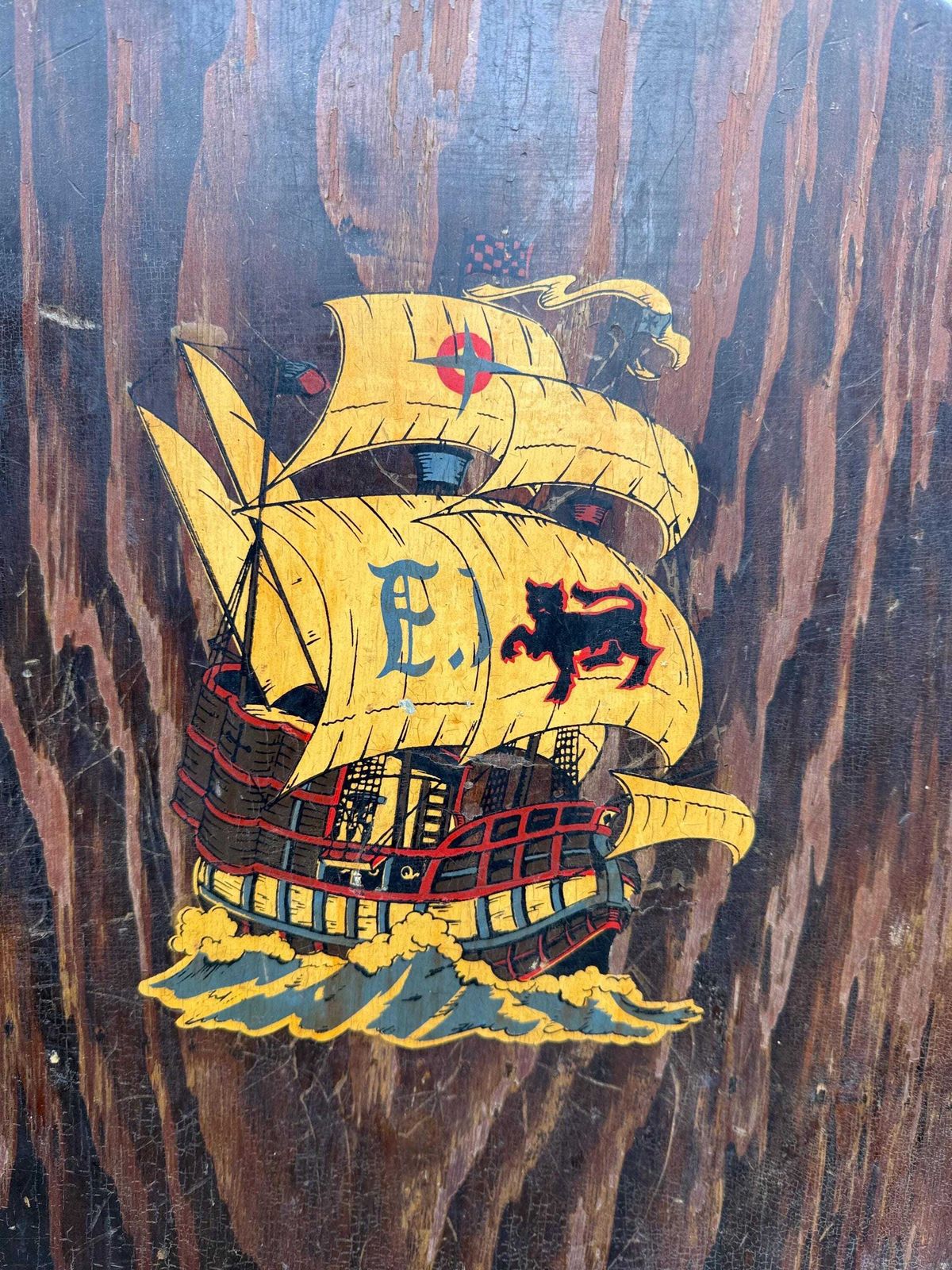 Mid Century Wooden Frame, Painted Galleon Fire Screen   Small Wooden Firescreen, Fire Guard 1900s photo furniture