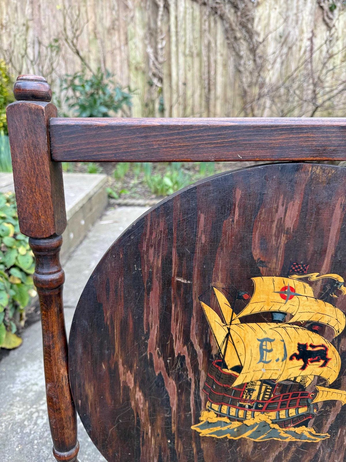 Mid Century Wooden Frame, Painted Galleon Fire Screen   Small Wooden Firescreen, Fire Guard 1900s photo for sale
